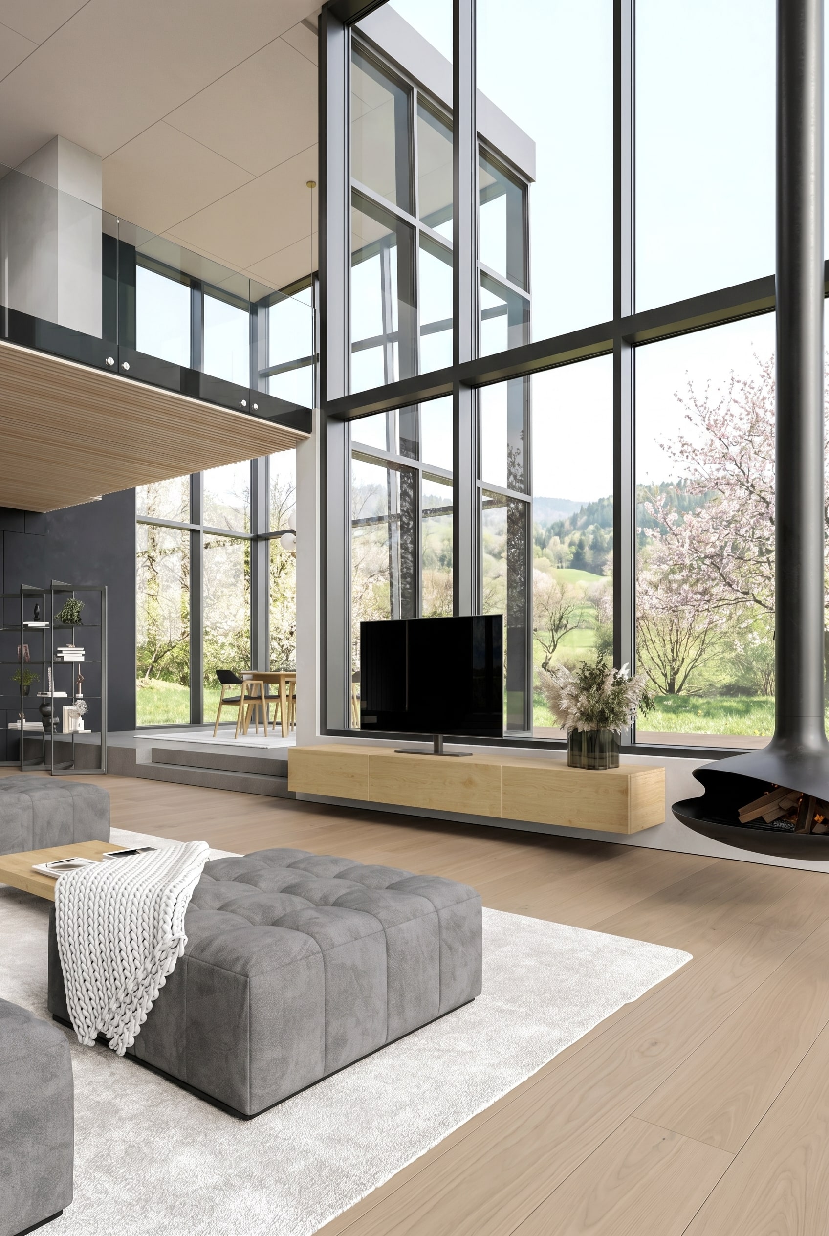 Bodennahes, langes Lowboard aus hellem Holz in einem minimalistischen Raum