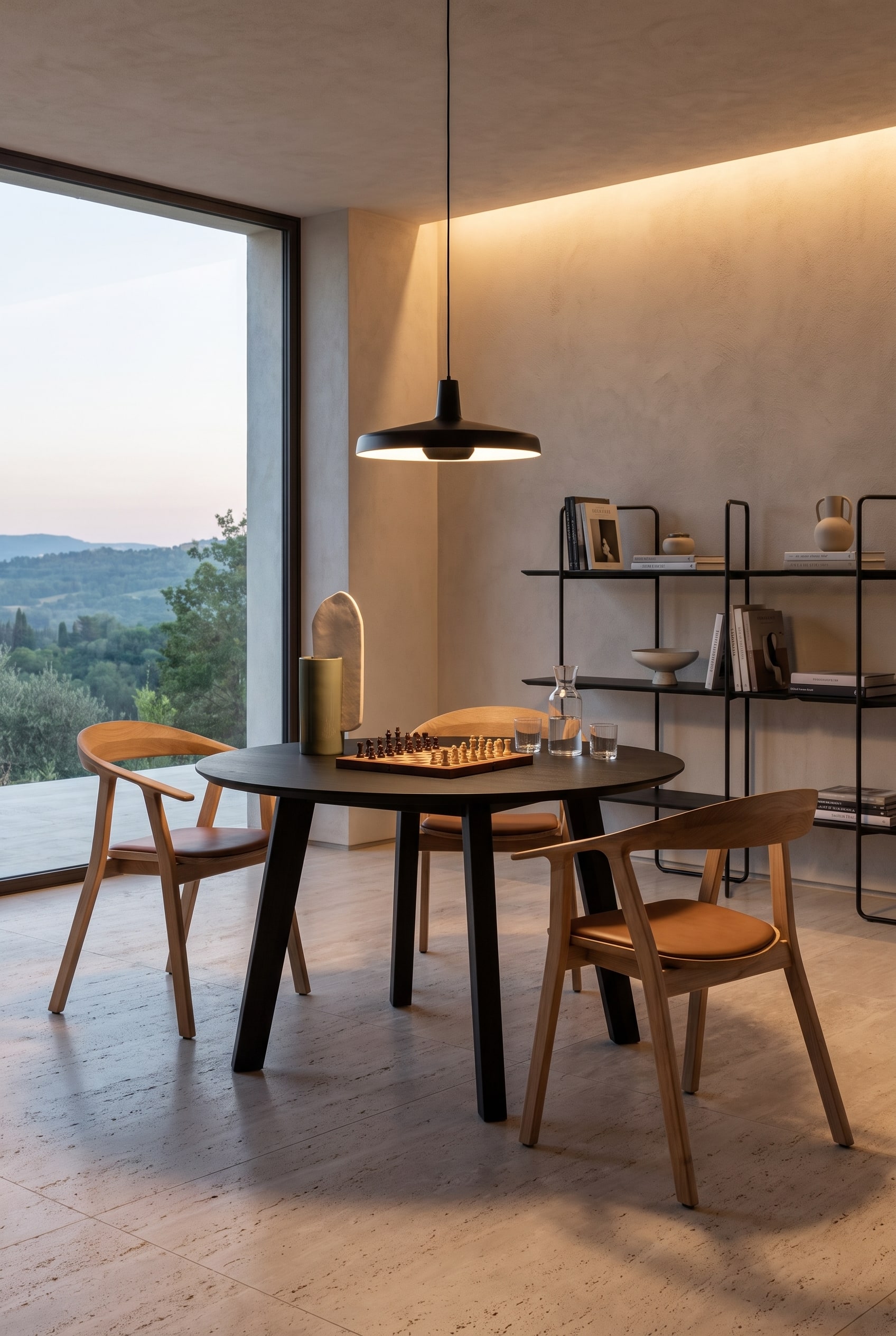 Minimalistisches Esszimmer mit einem schwarzen runden Holztisch und drei Eichenholzstühlen vor einem offenen schwarzen Metallregal