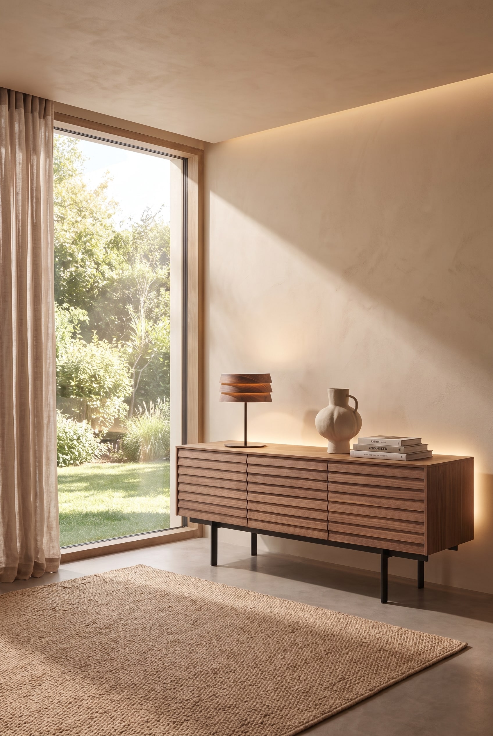 Modernes Wohnzimmer mit dunklem Eichenholz-Sideboard und eleganter Tischleuchte in Walnuss vor großen Fenstern