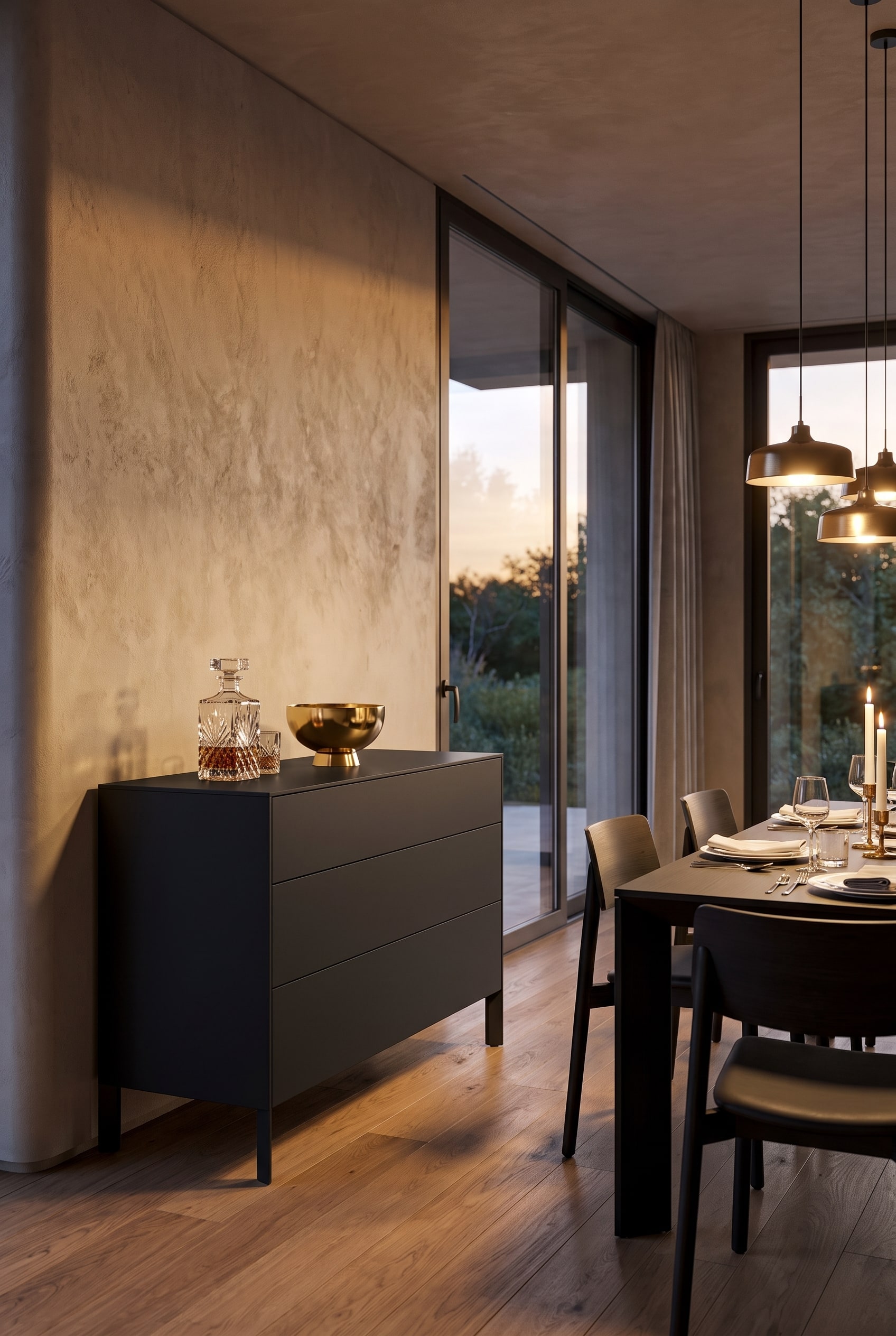 Matte schwarze Kommode im eleganten Esszimmer mit glänzender Deko auf warmem Eichenparkett