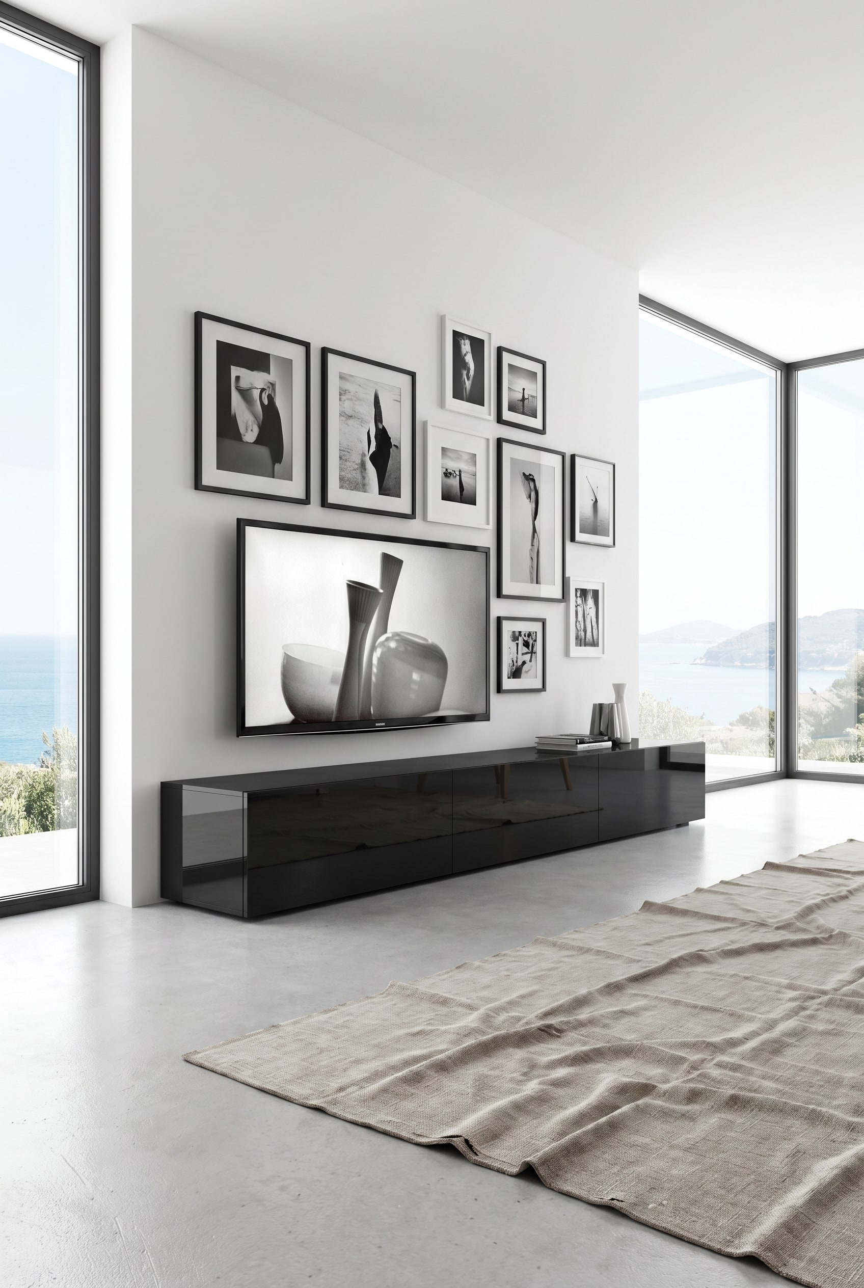 Schwarzes Hochglanz-Lowboard mit 300cm Breite als elegante Basis für einen Bildschirm im modernen Luxus-Interieur