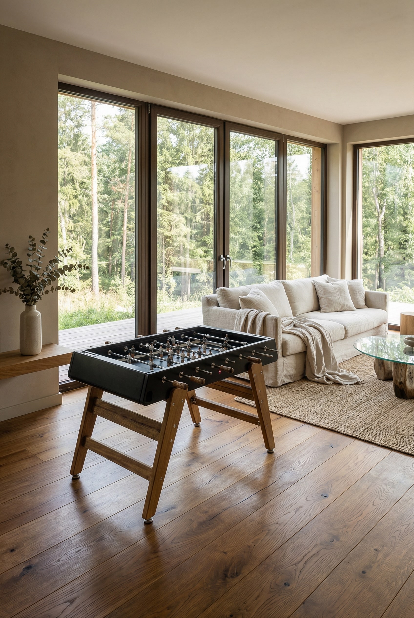 Designer Holz-Tischkicker in einem gem&uuml;tlichen skandinavischen Wohnzimmer mit Holzparkett und bodentiefen Fenstern.