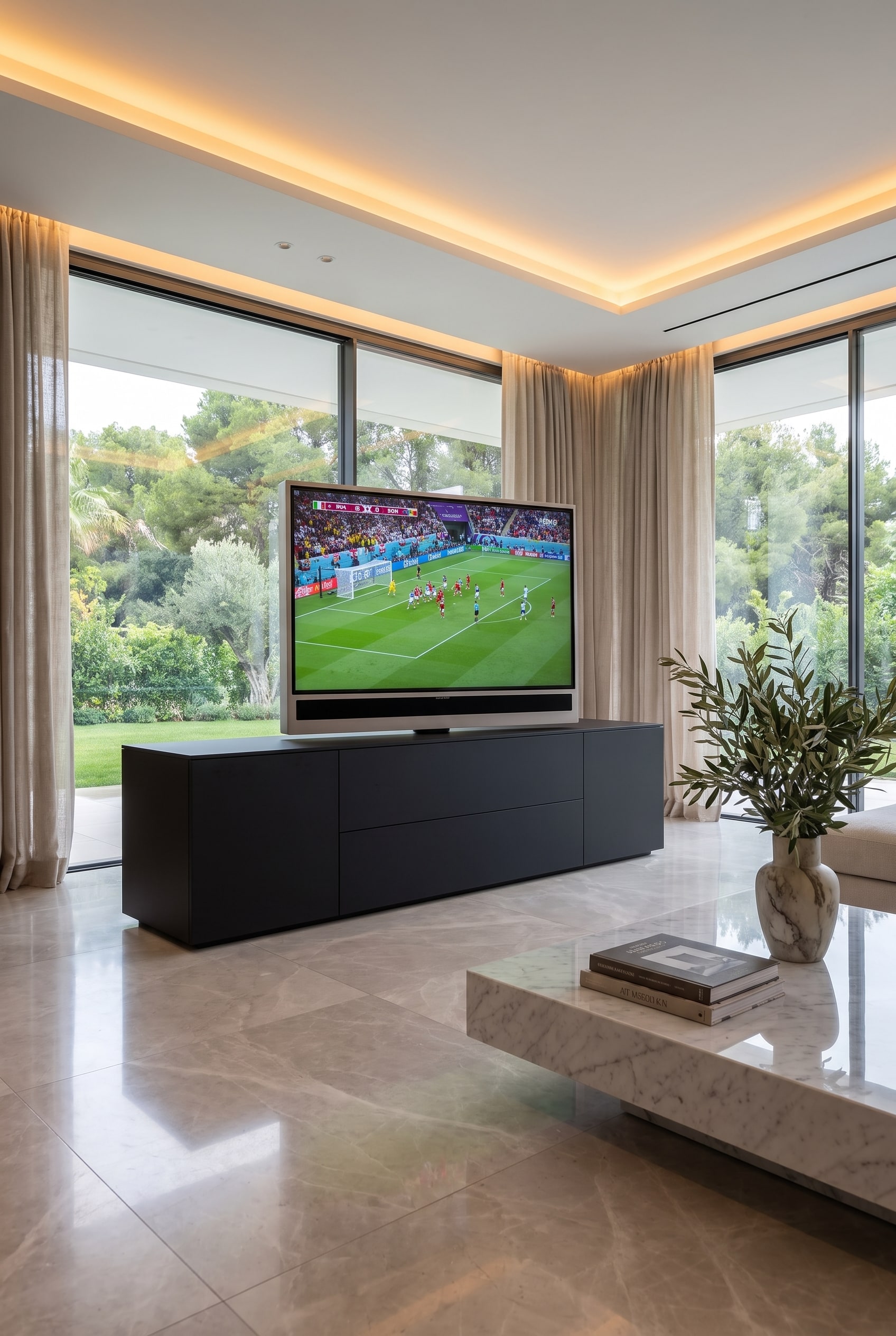 Modernes Wohnzimmer mit Livitalia Roto Sideboard Raumteiler, drehbarem TV-Paneel, eleganten Vasen und großem Fenster mit indirekter Beleuchtung