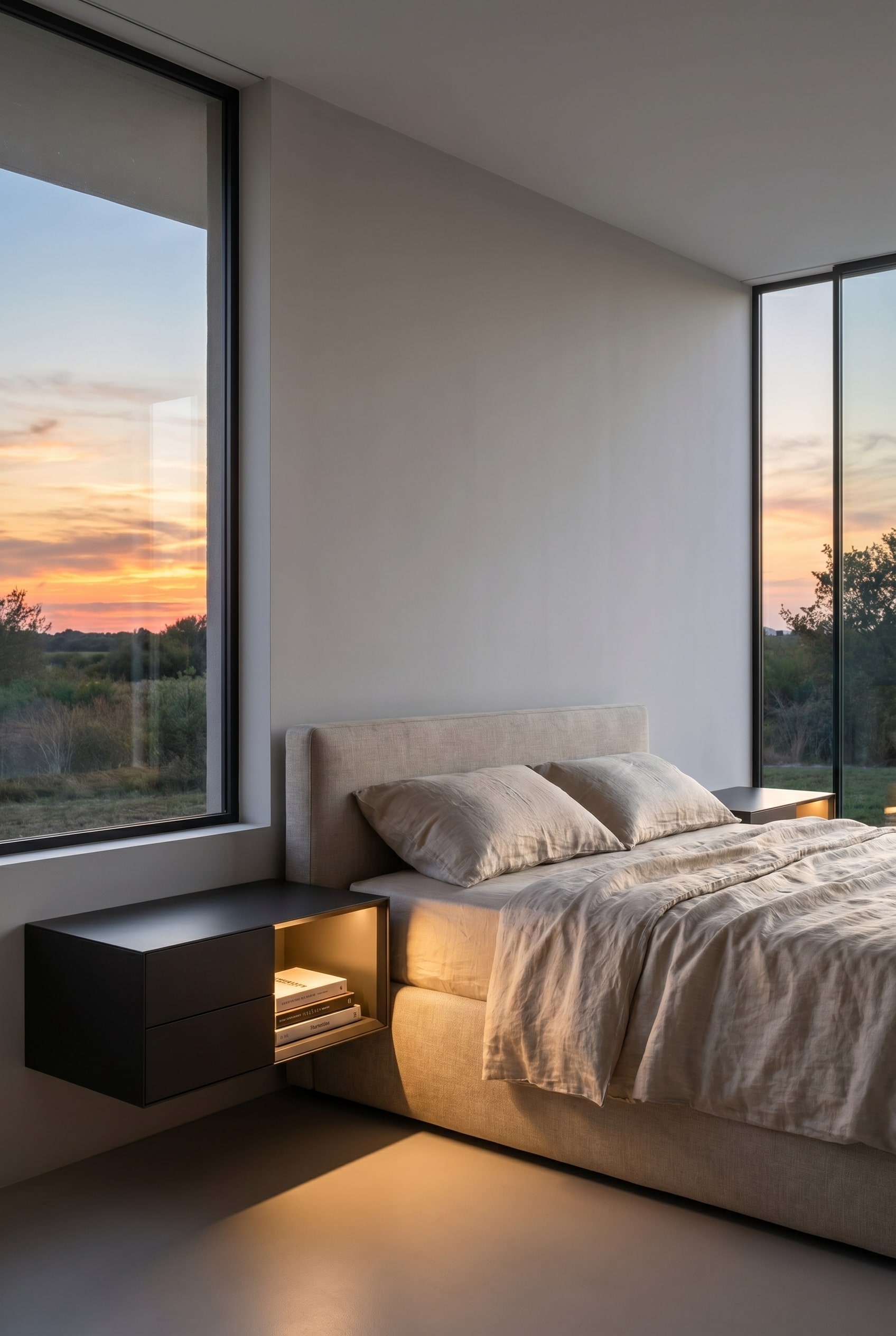 Hängender Livitalia Ecletto Open Nachttisch mit offener Nische neben einem Boxspringbett Hängender Livitalia Ecletto Open Nachttisch mit offener Nische neben einem Boxspringbett