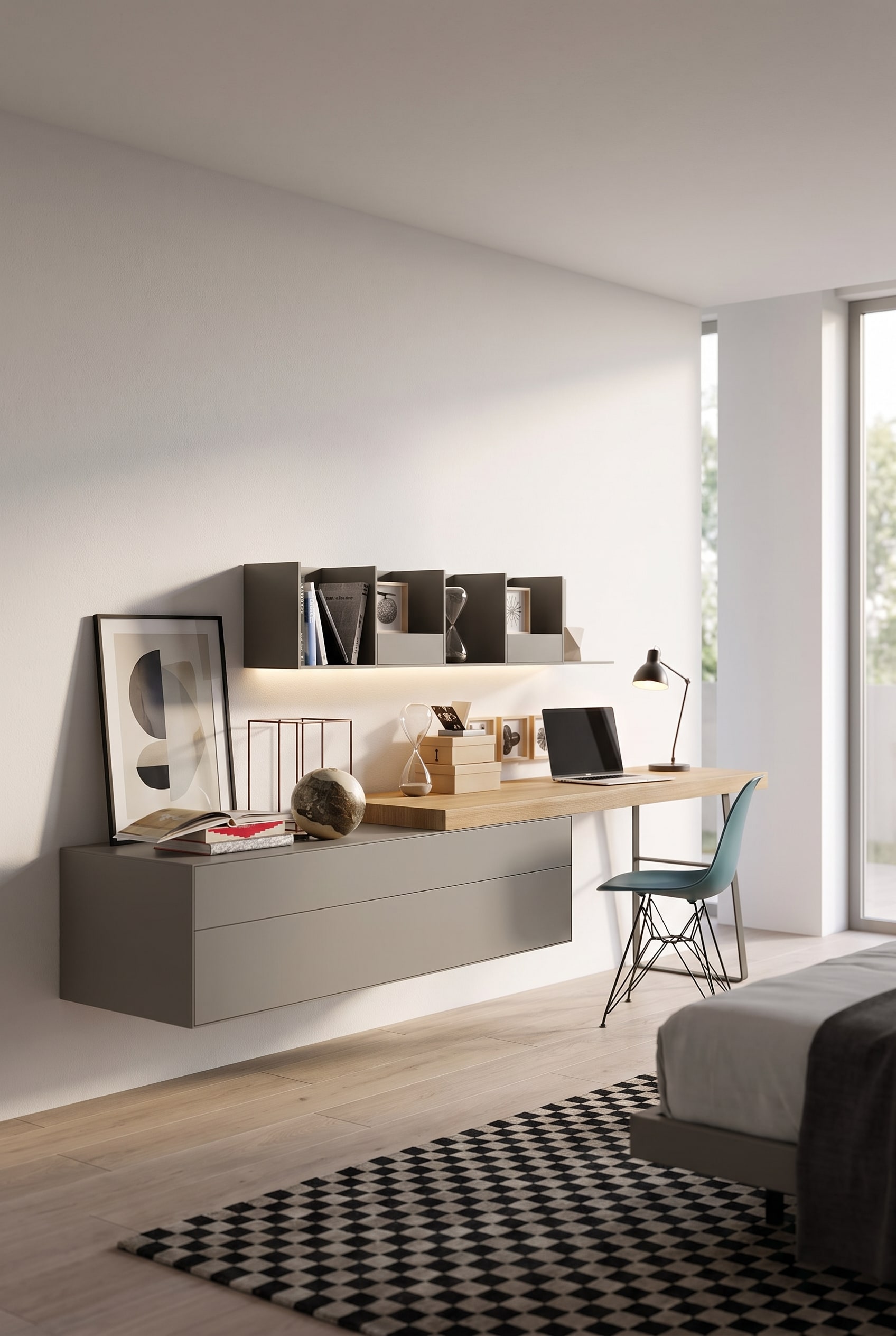 Schlafzimmer mit schwebendem Schreibtisch im modernen Stil Schlafzimmer mit schwebendem Schreibtisch im modernen Stil