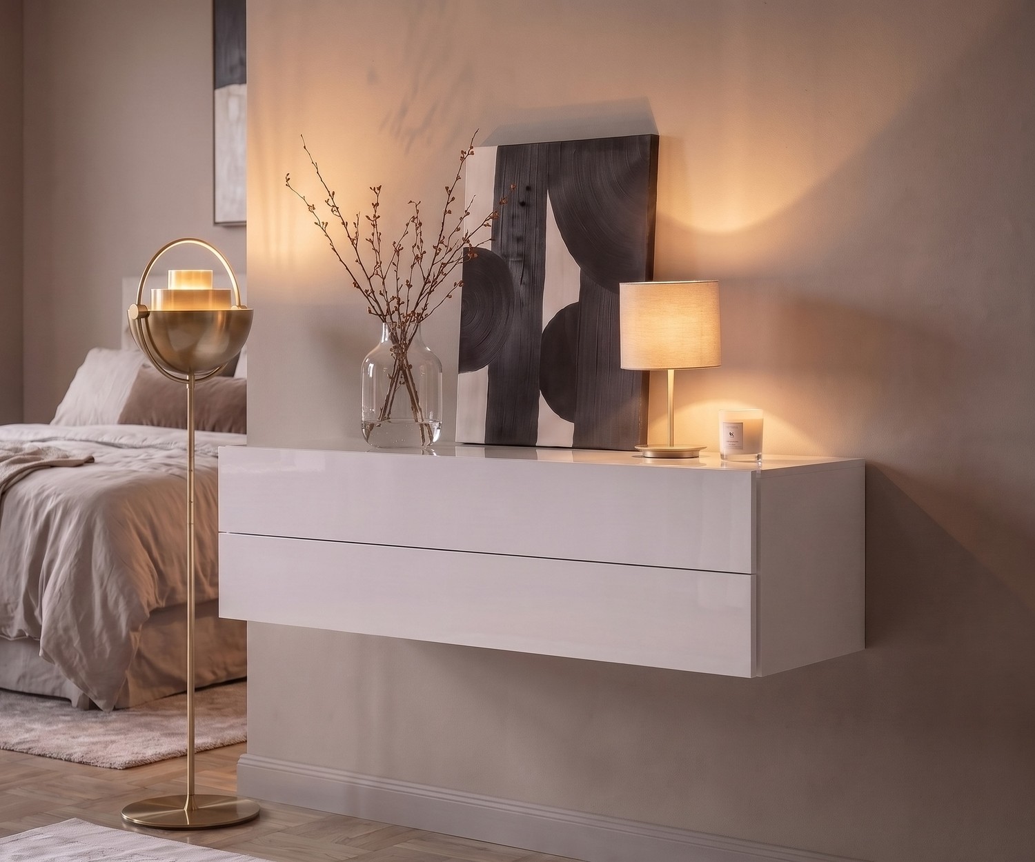 Schwebende Design-Hängekommode Easy in Weiß Hängekommode Novamobili Easy fürs Schlafzimmer. Schwebendes Sideboard in Weiß mit zwei Schubladen für modernen Minimalismus.