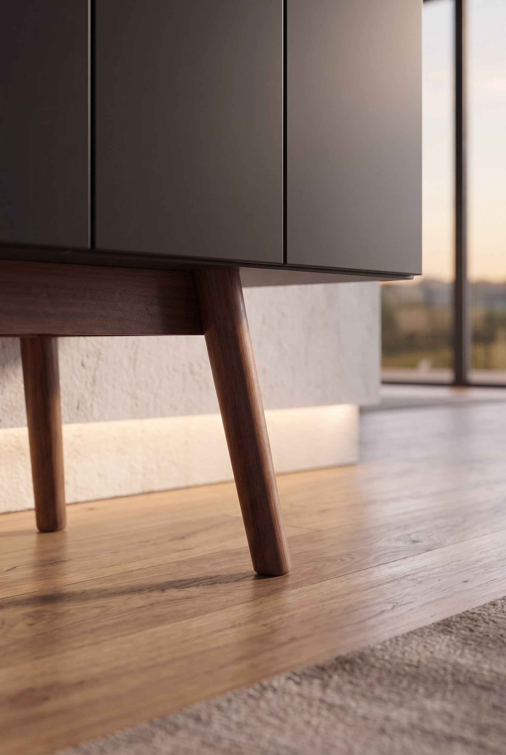 Detailaufnahme der konischen, schr&auml;g gestellten Holzf&uuml;&szlig;e des Sideboards auf einem Eichenparkett, im Hintergrund eine indirekte Bodenbeleuchtung.