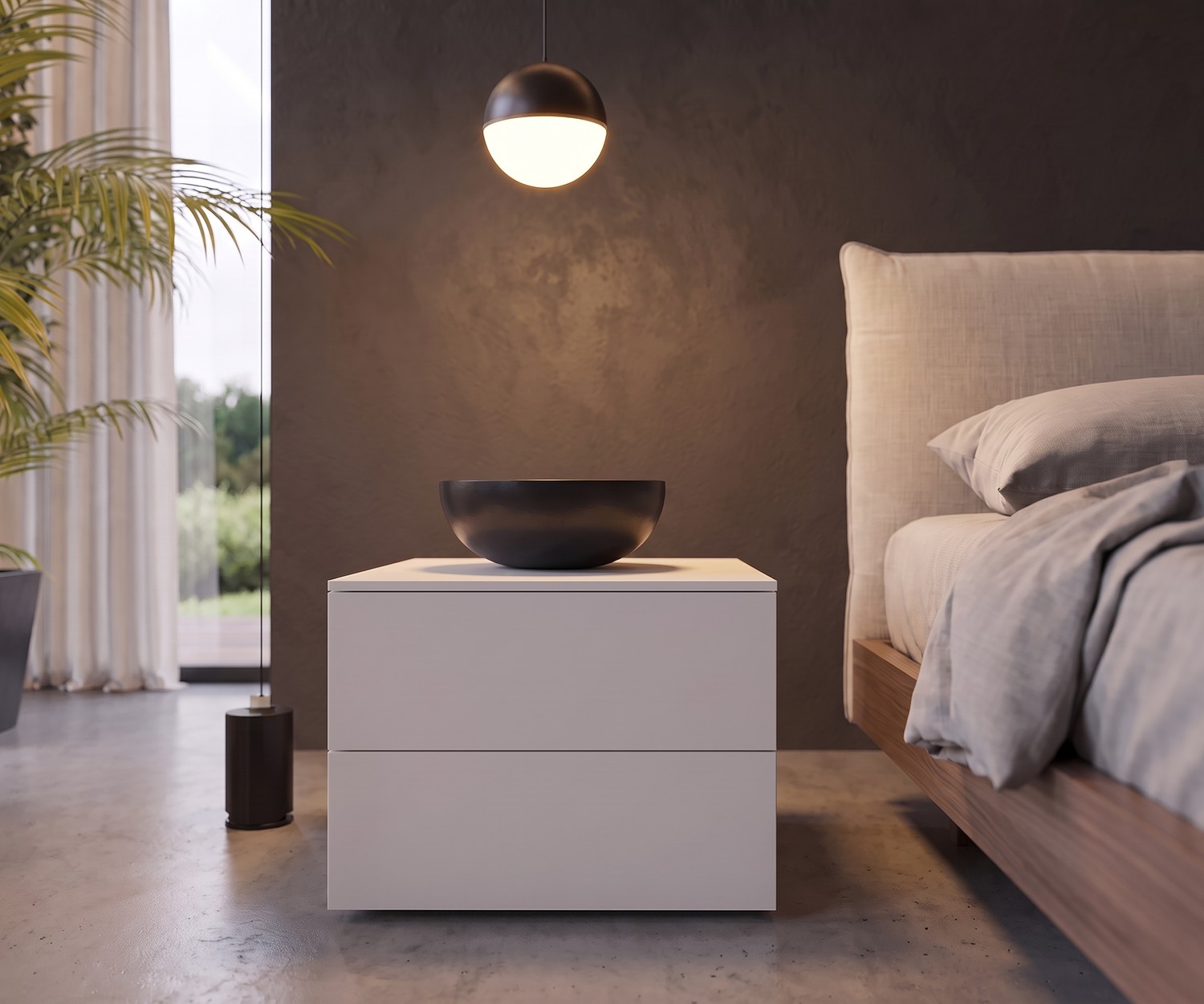 Livitalia Atena Nachttisch in Weiß Atena Nachttisch von Livitalia mit zwei Schubladen im modernen Schlafzimmer neben dem Bett in minimalistischem Weiß.