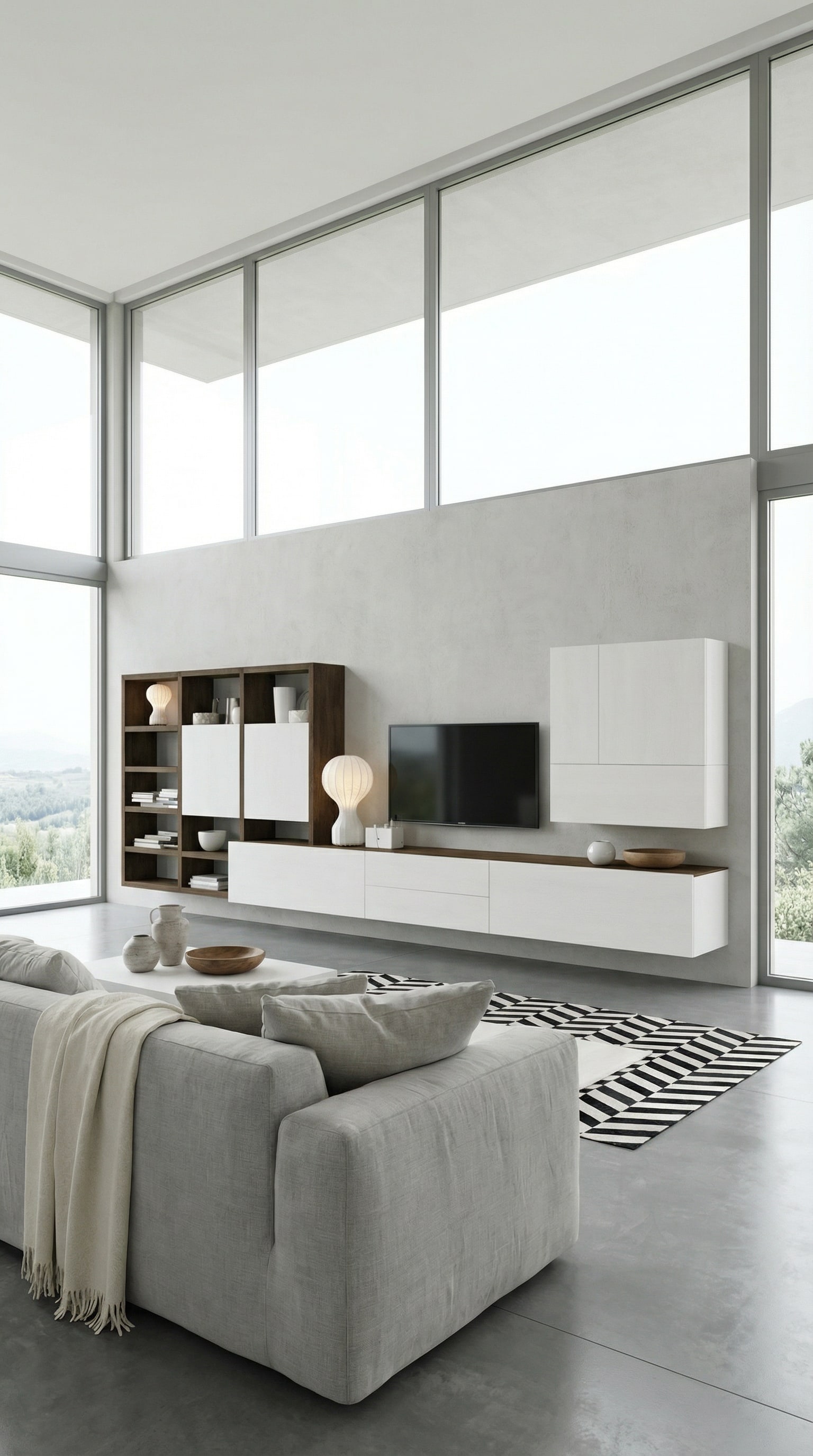 Weisse moderne Wohnwand im Landhausstil mit hellen Holzelementen
