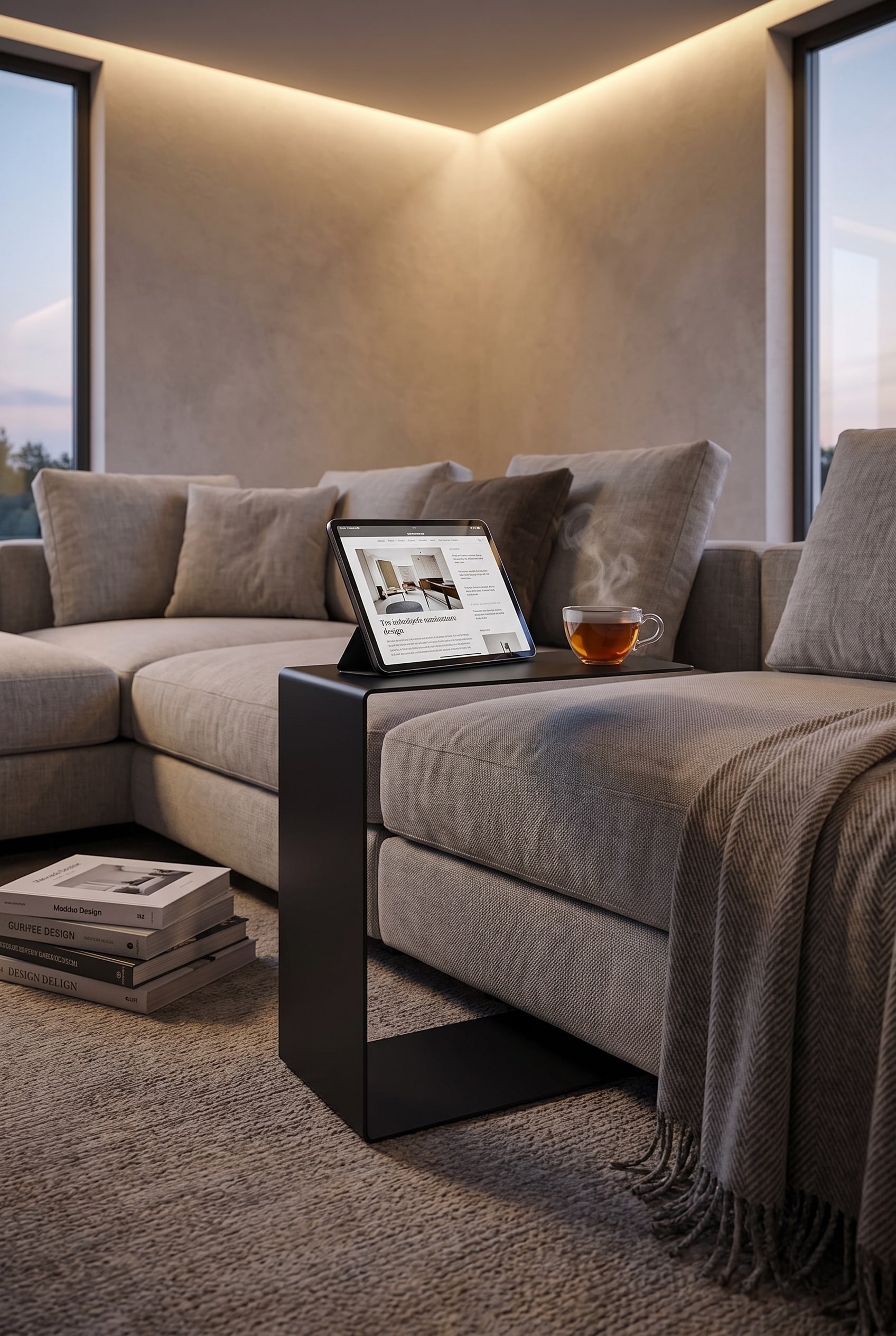 Modernes Wohnzimmer mit einem filigranen, übergreifenden Sofa-Beistelltisch aus schwarzem Metall, dessen Platte direkt über das Sitzkissen eines hellgrauen Sofas ragt.