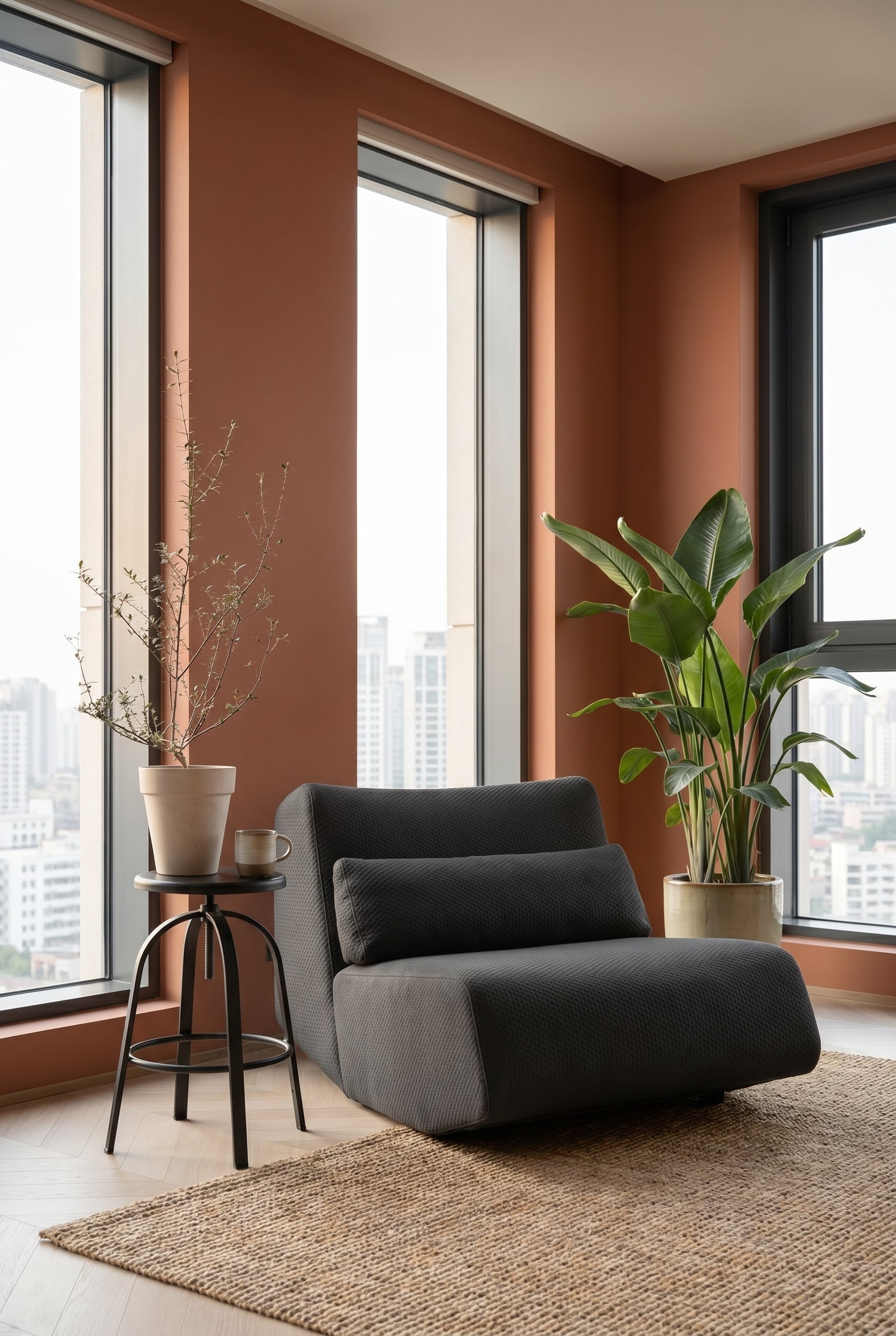 Modernes Wohnzimmer mit flie&szlig;endem Lounge Sessel in Anthrazit und matten Terrakotta-W&auml;nden
