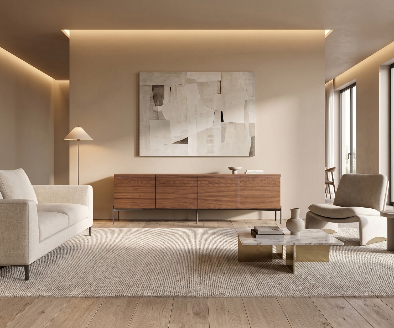 al2 o-rizon 003 Design Sideboard mit Holzfront im minimalistischen Wohnzimmer mit Sofa, Teppich und warmem Licht.