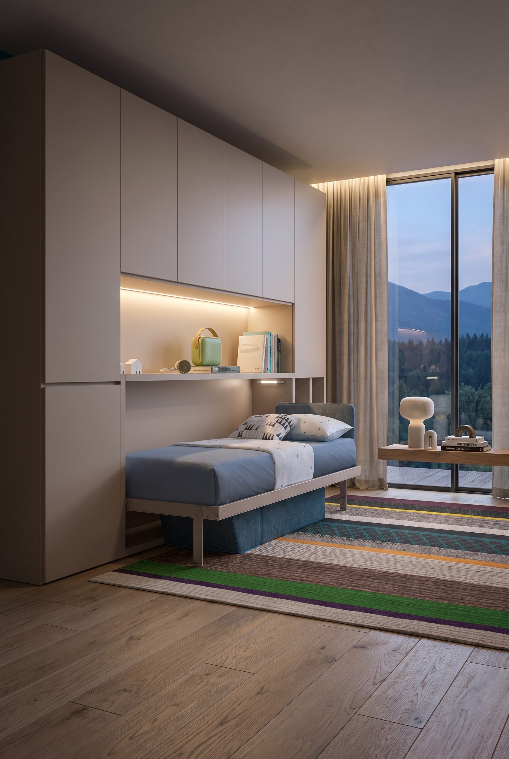 Aufgeklapptes hochwertiges Clei Kali Schrankbett in einem modern minimalistischen Schlafzimmer