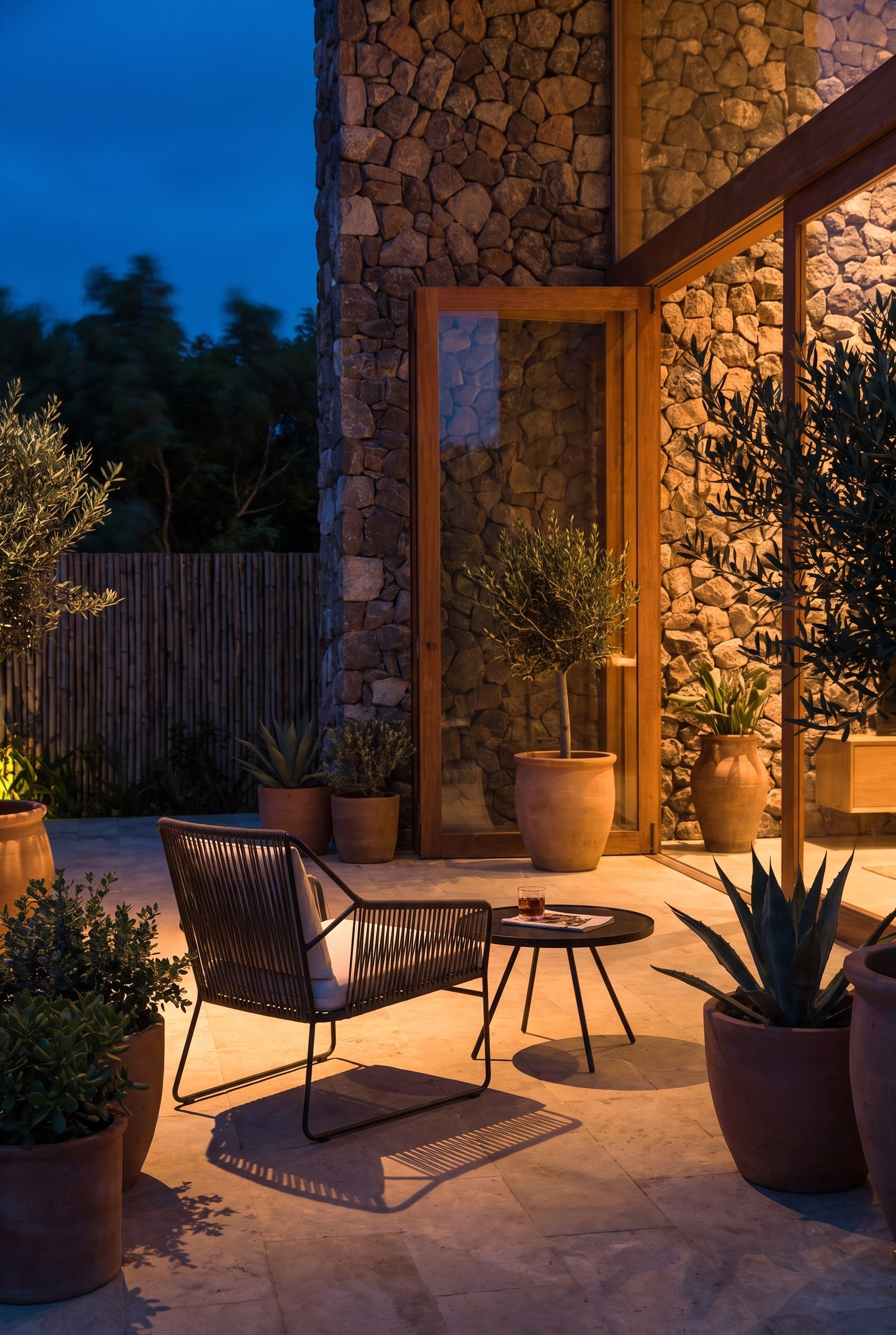 Oasiq Sandur Edelstahl Schnur Sessel auf einer abendlich beleuchteten Terrasse mit warmem Licht