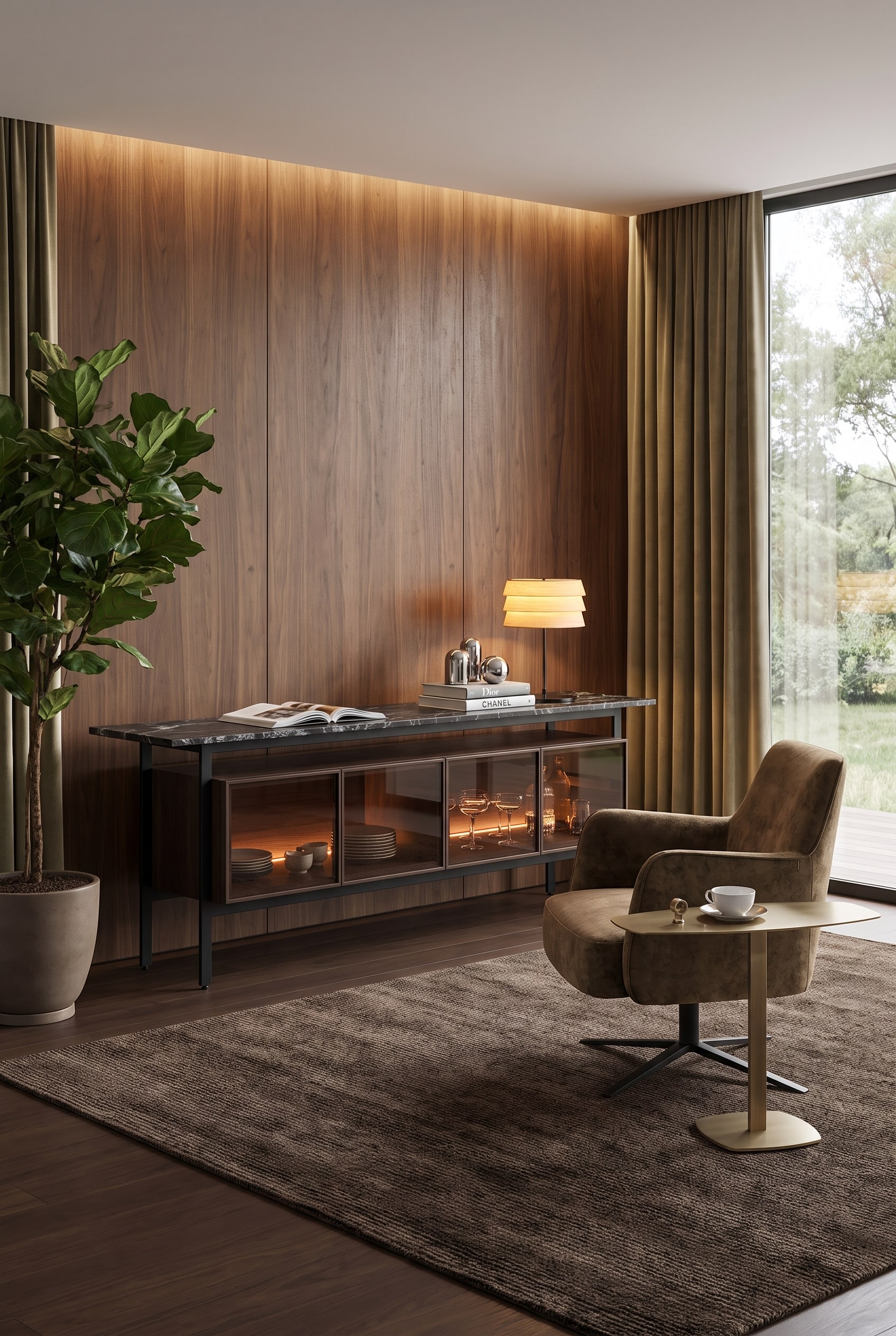 Sideboard aus dunklem Holz mit integrierter LED-Beleuchtung hinter get&ouml;nten Glast&uuml;ren in einem warmen Raum