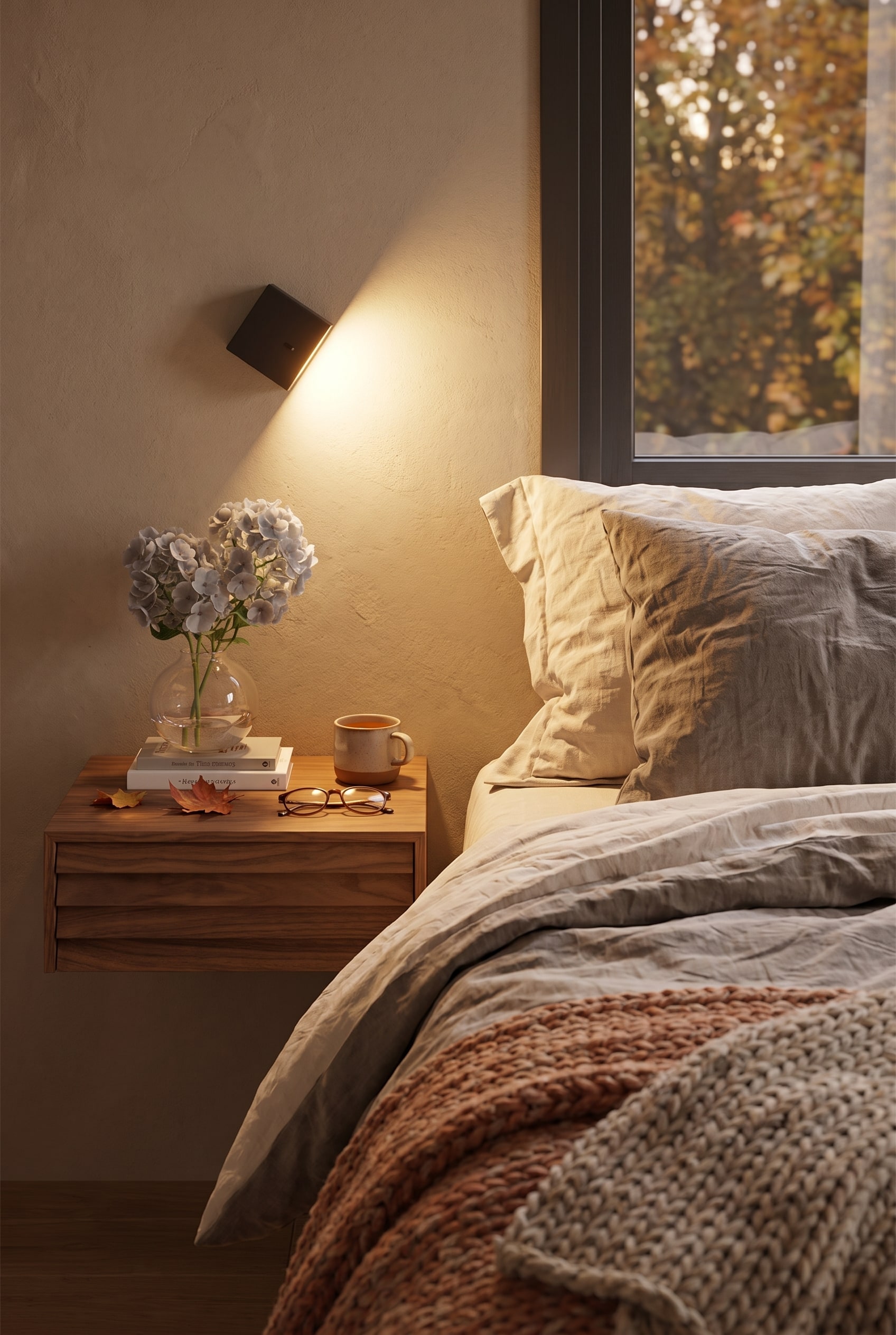 Ein gemütliches Schlafzimmer im Herbst-Look mit dem Punt Sussex Nachttisch, dessen markante horizontale Holzlamellen die warme Raumbeleuchtung reflektieren.