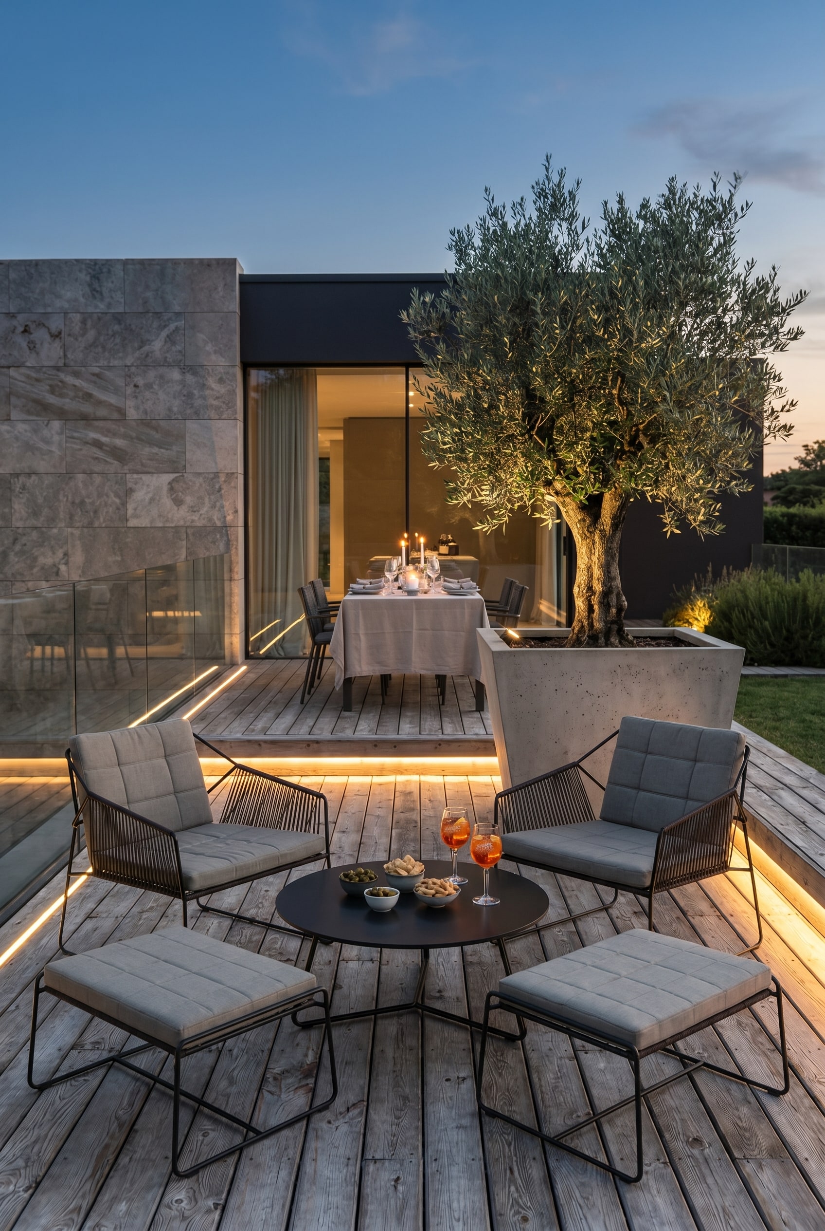 Architektonische Terrasse mit zwei kleinen Outdoor-Hockern aus Schnurgeflecht neben einem Pflanzgefäß