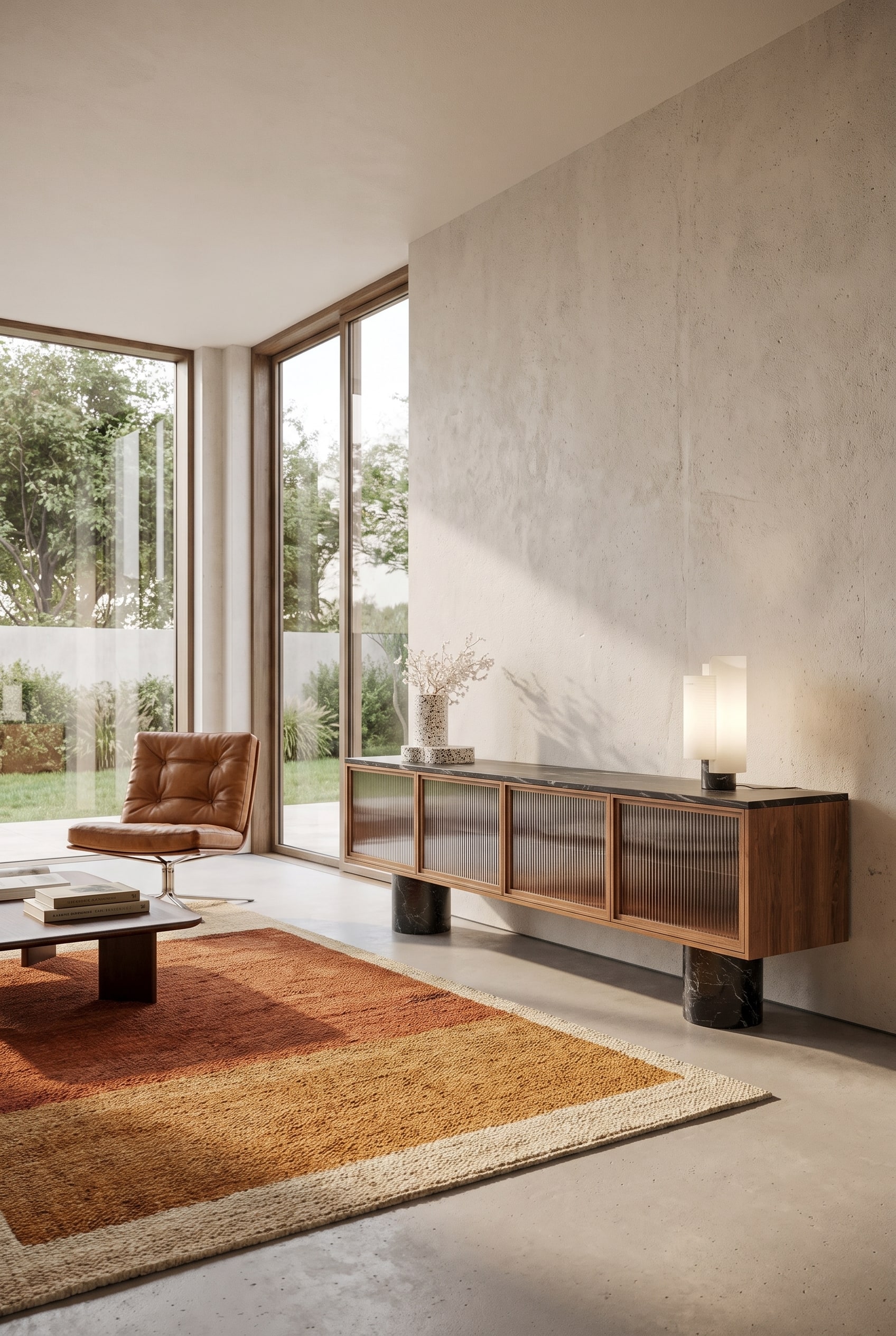 Elegantes Sideboard mit Fronten aus Riffelglas und Beinen aus schwarzem Marmor vor einer hellen Wand