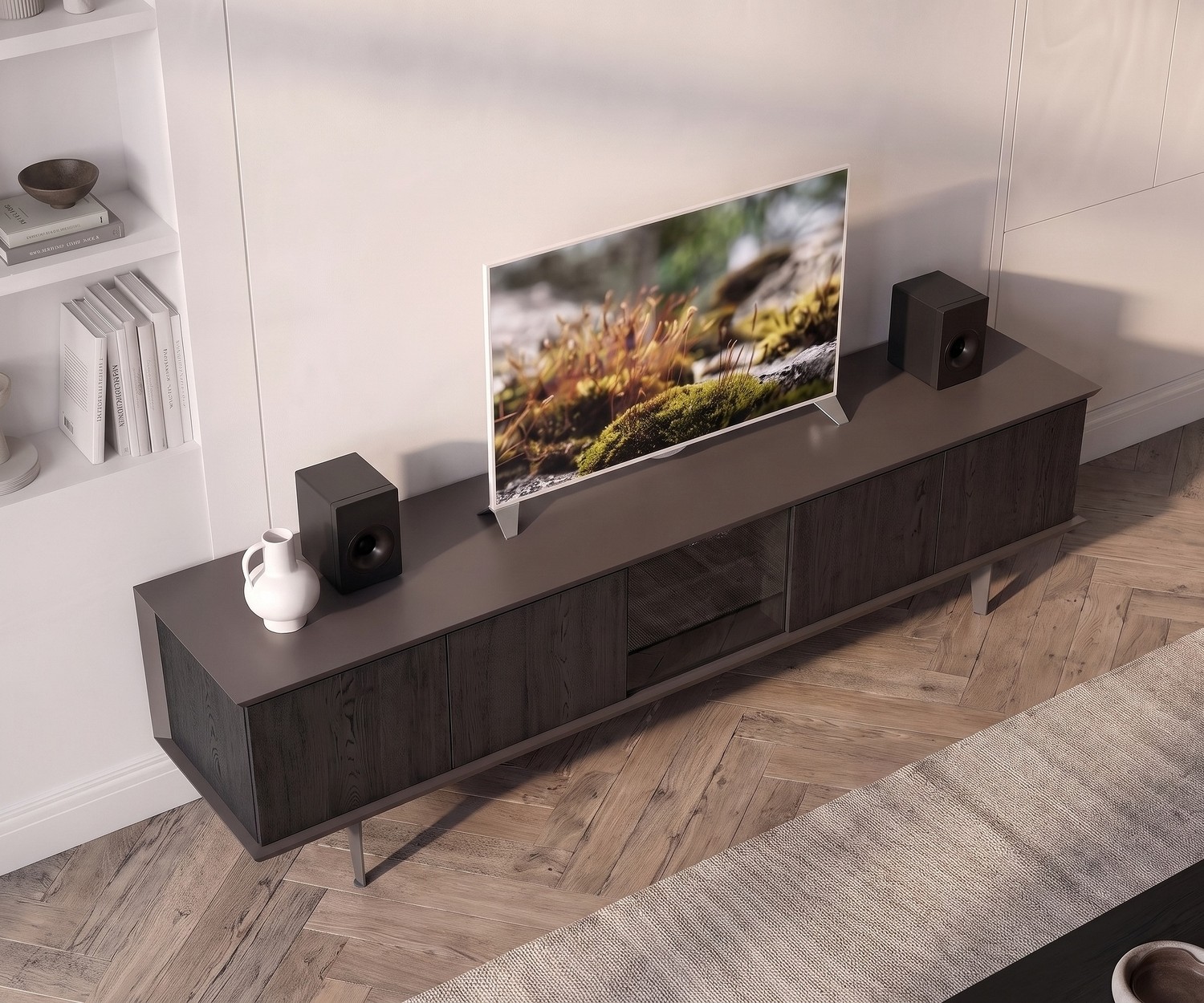 Ozzio Brera TV Lowboard mit Glasfront Ozzio Brera TV Media Lowboard für das Wohnzimmer. Modernes dunkles Fernsehmöbel aus Holz mit Lautsprechern und Fernseher.