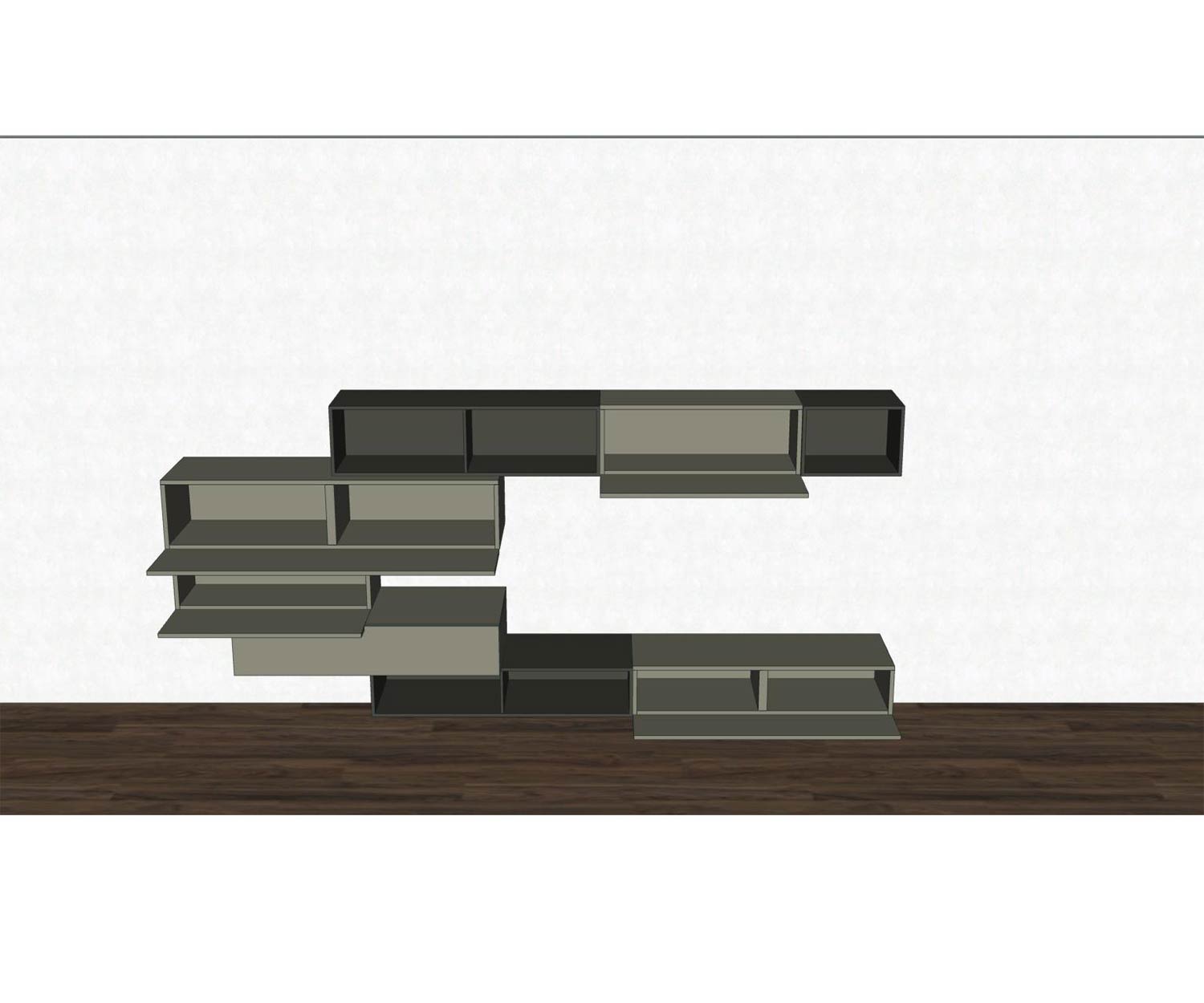 Schwebende Design Wohnwand mit offenen Elementen in farbiger Markierung Schwebende Design Wohnwand mit offenen Elementen in farbiger Markierung