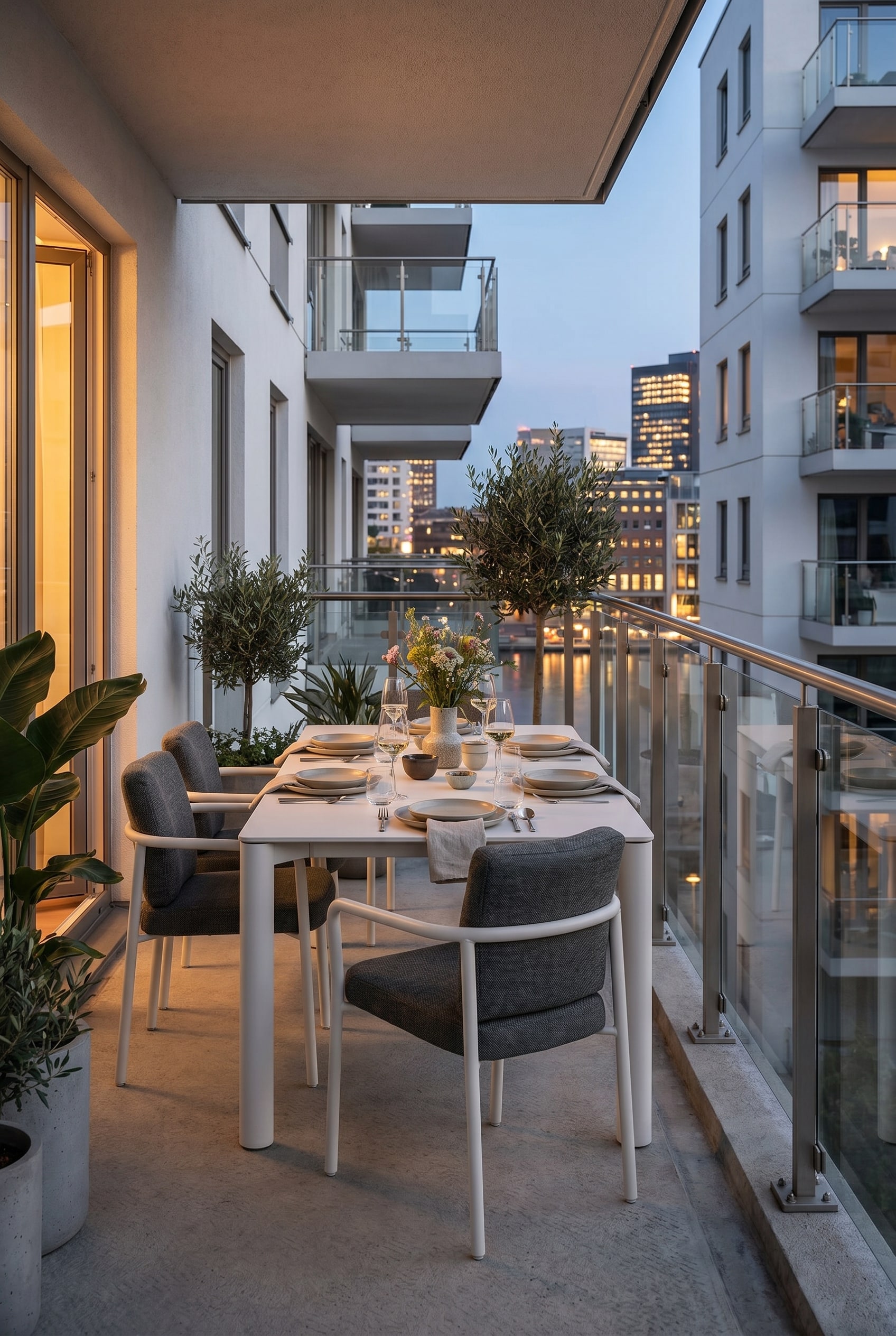 Städtischer Balkon bei Dämmerung mit einem puristischen, weißen Outdoor-Esstisch aus Aluminium und zwei passenden Stühlen vor einer Glasbrüstung