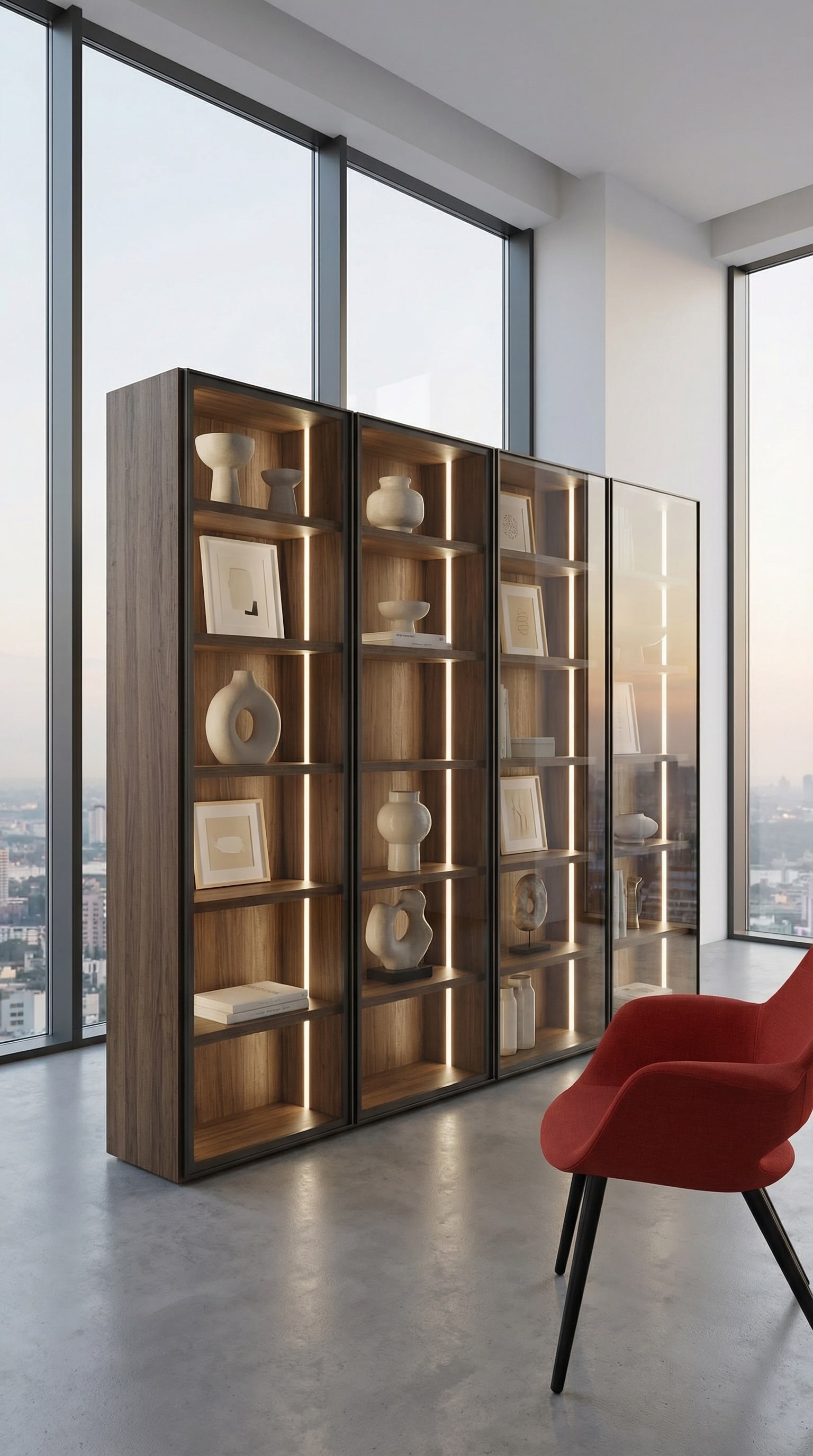 Exklusives Holzb&uuml;cherregal mit rauchigen Glast&uuml;ren und LED Beleuchtung