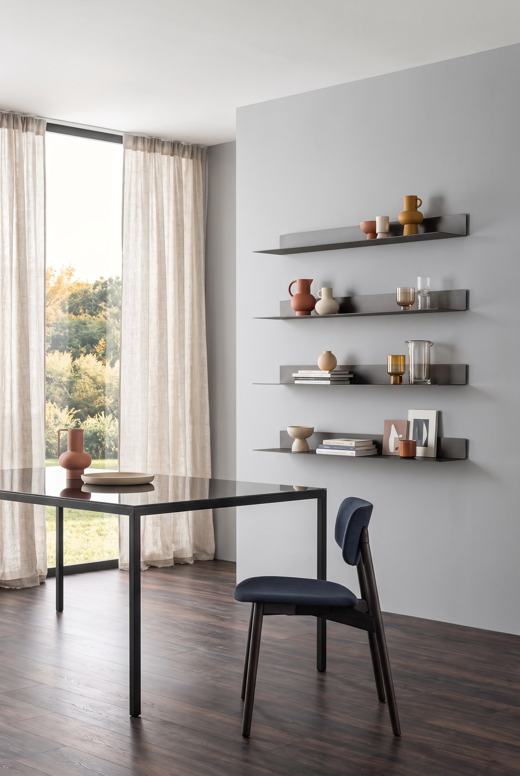 Minimalistisches Esszimmer mit Wandregalen aus Metall &uuml;ber einem dunklen Esstisch und kleinen Keramikobjekten