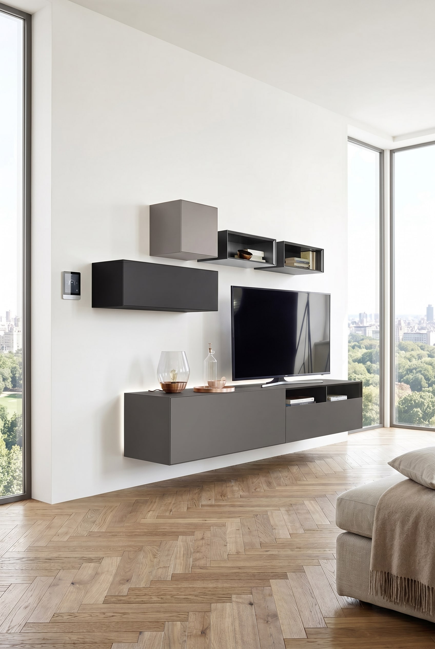 Minimalistischer schwebender H&auml;ngeschrank, unter dem der Boden f&uuml;r Saugroboter komplett frei ist.