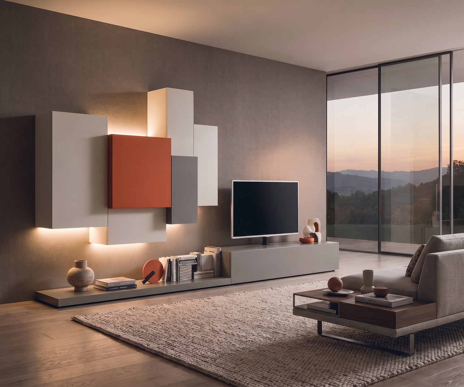 Livitalia EASY TV Podest und Sockel im modernen Wohnzimmer, flache graue TV-Bank für Mediamöbel und Dekoration.