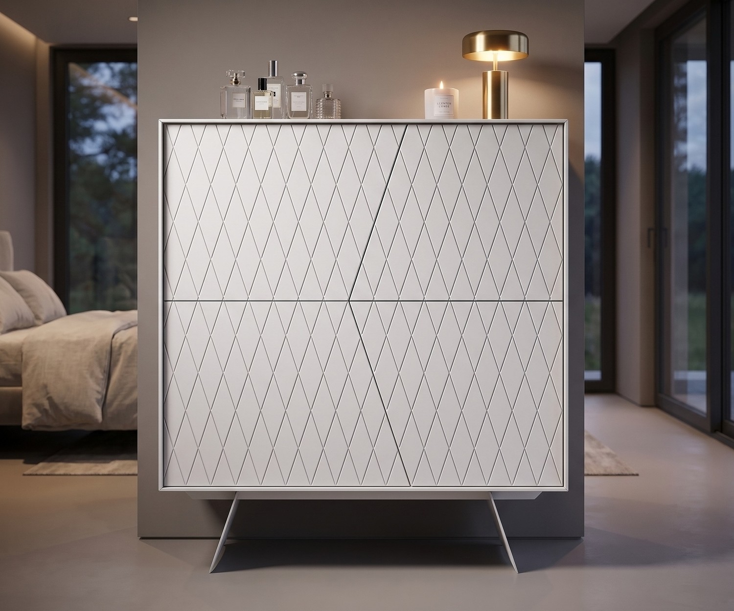 Modernes Design Highboard e-klipse 009 in Weiß al2 e-klipse 009 Highboard fürs Schlafzimmer in Weiß mit modernem Rautenmuster und filigranen Beinen.