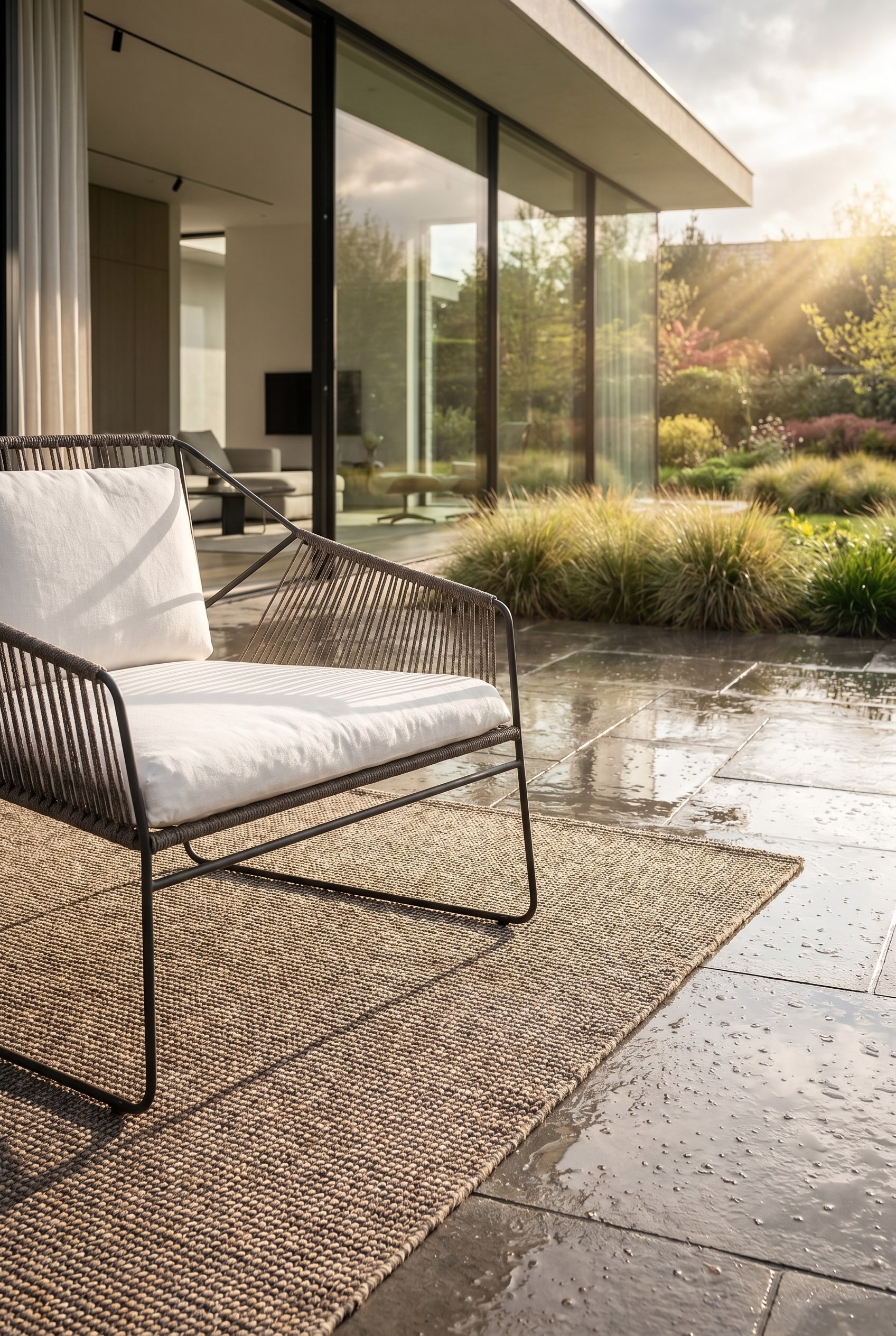 Moderner Sitzplatz im Garten mit regenfesten Premium-Materialien in situ Moderner Sitzplatz im Garten mit regenfesten Premium-Materialien in situ