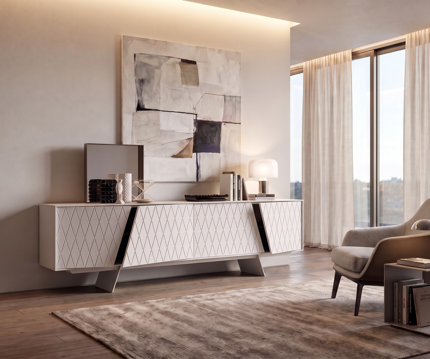 al2 e-klipse 003 Sideboard für das Wohnzimmer, elegantes weißes Design-Sideboard mit Rautenmuster-Front.