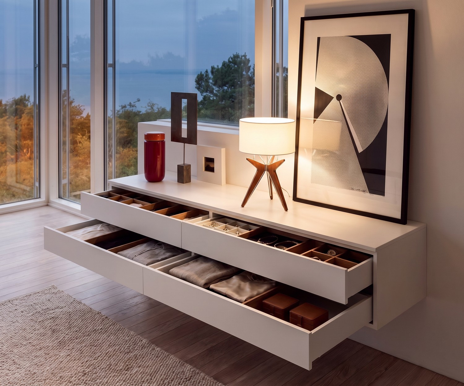 Hängekommode im Schlafzimmer: weiße Novamobili Easy mit 4 offenen Schubladen, Organizer-Einsätzen und Dekoration.