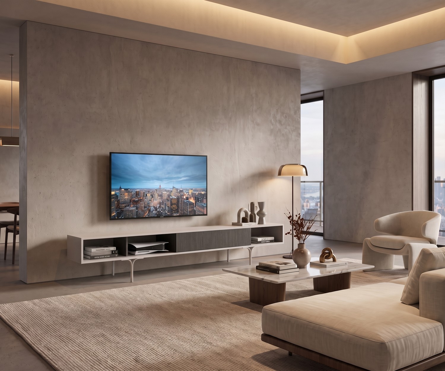 Minimalistisches TV Lowboard al2 Mobius 005 al2 Mobius 005 TV Lowboard im minimalistischen Wohnzimmer, moderner TV-Schrank mit Eukalyptusholz-Schublade.