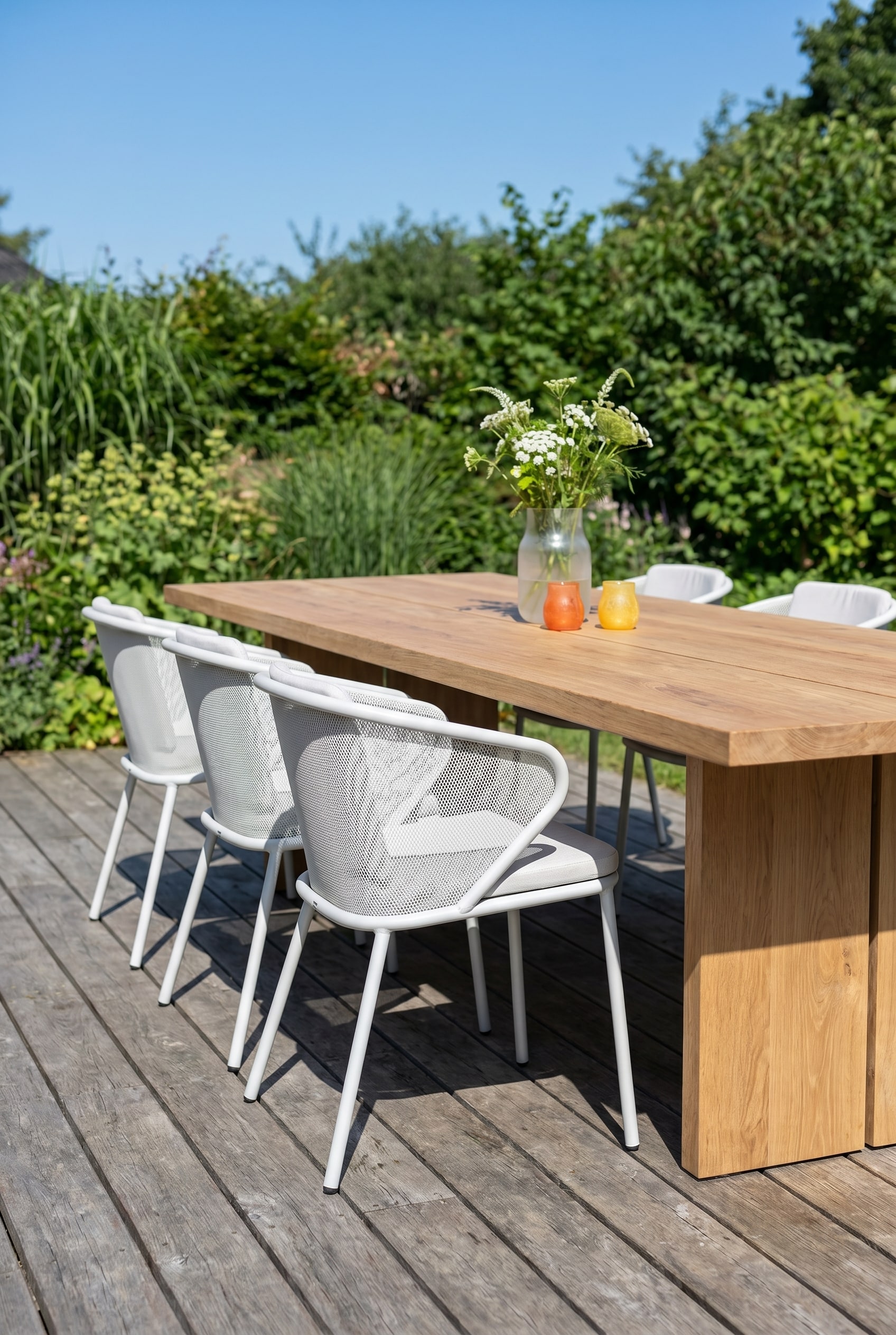 Filigraner Todus Condor Armlehnenstuhl aus pulverbeschichtetem Stahlrohr an einem massiven Eichenholztisch auf einer modernen Terrasse.