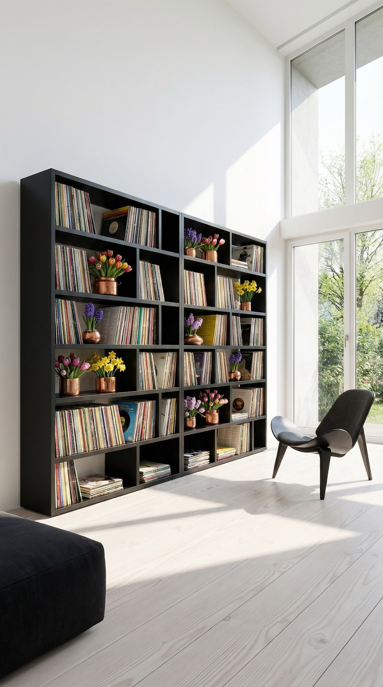 Dunkles, großes Regalsystem mit farbenfrohen Schallplatten als Kontrast Dunkles, großes Regalsystem mit farbenfrohen Schallplatten als Kontrast