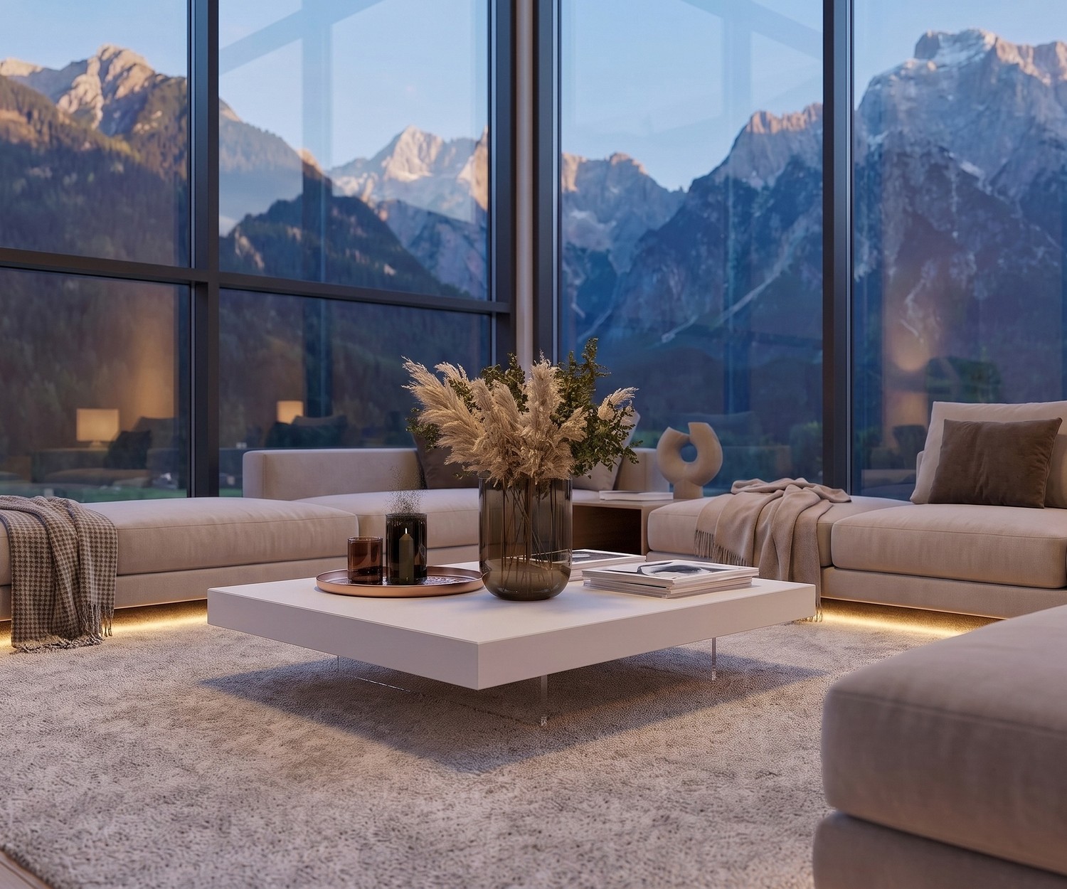 Flacher Couchtisch Low in Weiß | Livitalia Moderner Couchtisch Low von Livitalia in Weiß flach schwebend mit transparenten Füßen im luxuriösen Wohnzimmer.