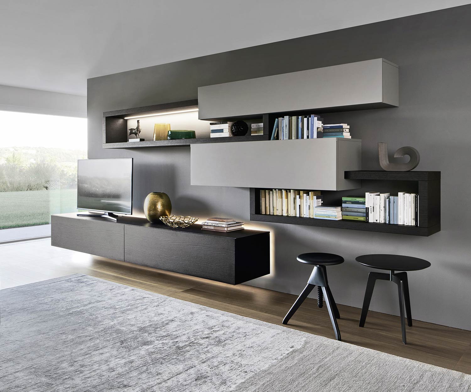 Exklusive Livitalia Design Wohnwand C27 in Eiche furniert und Grau Matt Livitalia Wohnwand C27