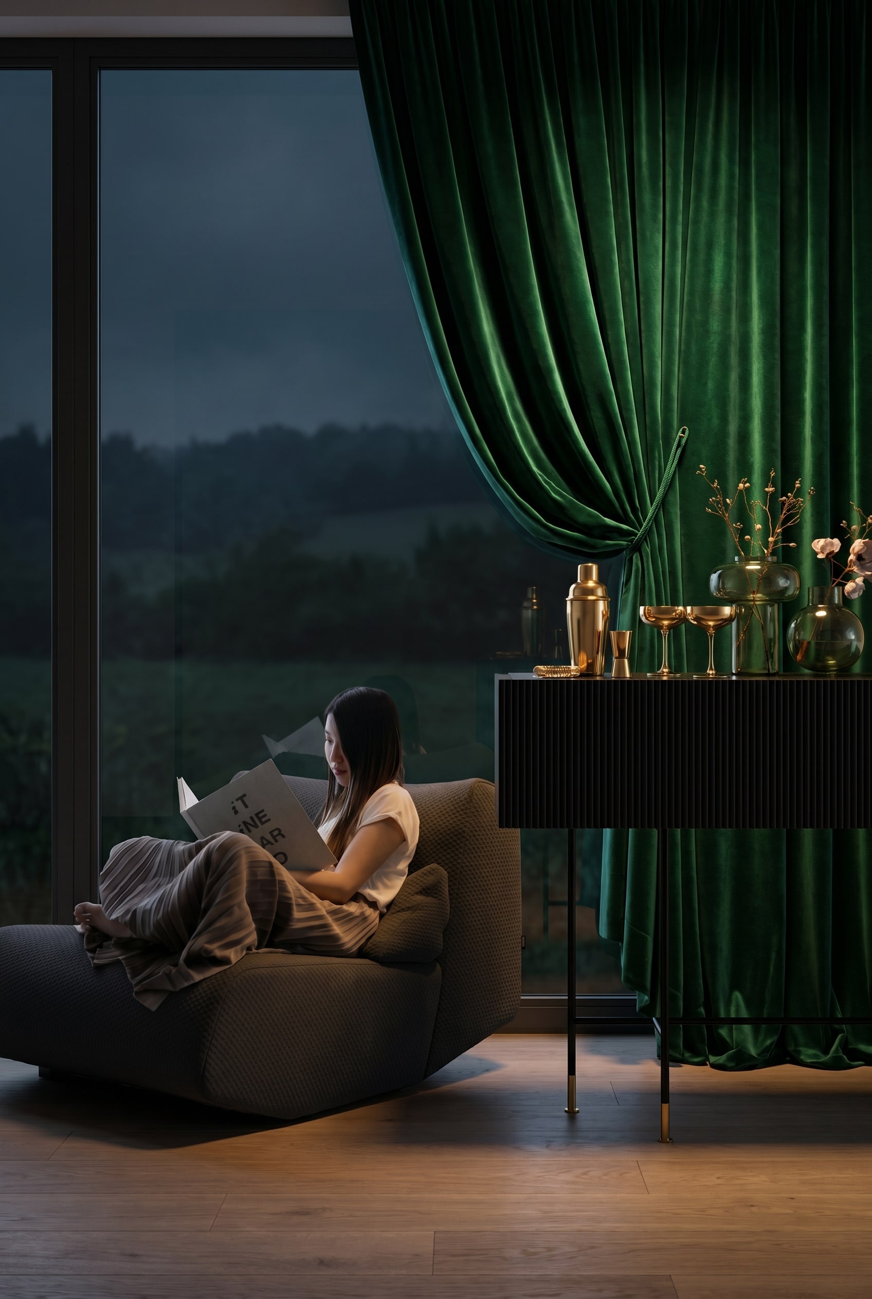 Elegantes schwarzes Bar-Sideboard mit Rillenfront in einer luxuri&ouml;sen Lounge mit schweren smaragdgr&uuml;nen Samtvorh&auml;ngen und tiefen gr&uuml;nen Kissen