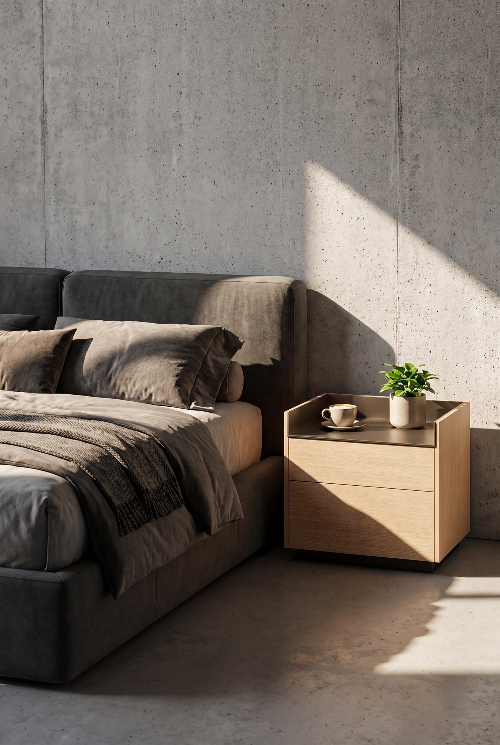 Nachttisch Punt Stockholm mit warmem Eichenfurnier und einer edlen Aluminium-Abdeckplatte im modern eingerichteten Schlafzimmer.