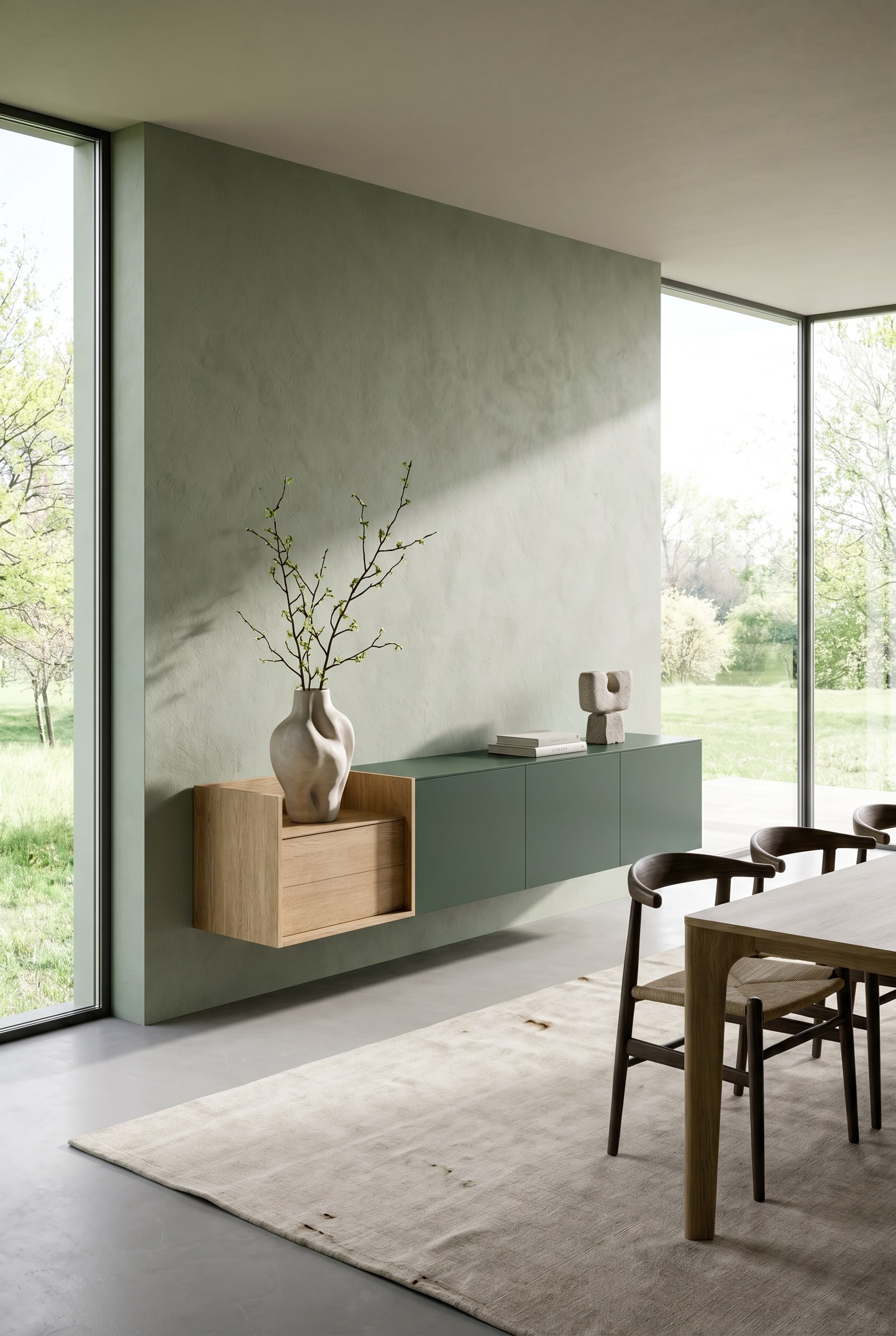 Mattes salbeigrünes Wand-Sideboard in einem modernen Wohnzimmer mit viel Tageslicht Mattes salbeigrünes Wand-Sideboard in einem modernen Wohnzimmer mit viel Tageslicht