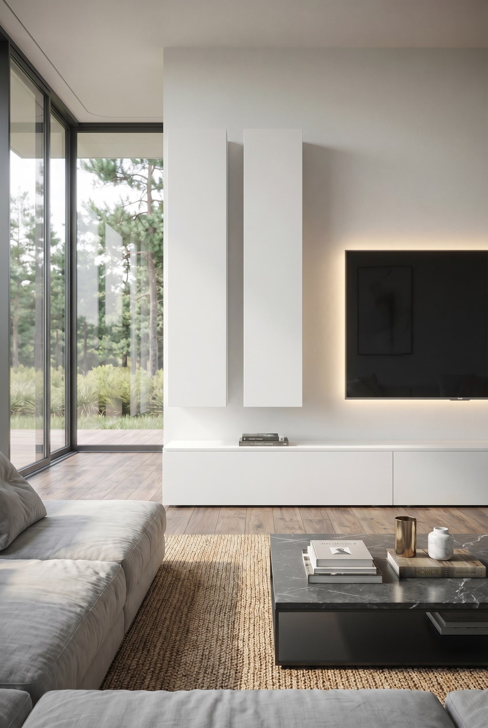 Asymmetrisch gestaltete Wohnwand C106 in mattem Weiß als zentraler Blickfang im Wohnzimmer Asymmetrisch gestaltete Wohnwand C106 in mattem Weiß als zentraler Blickfang im Wohnzimmer