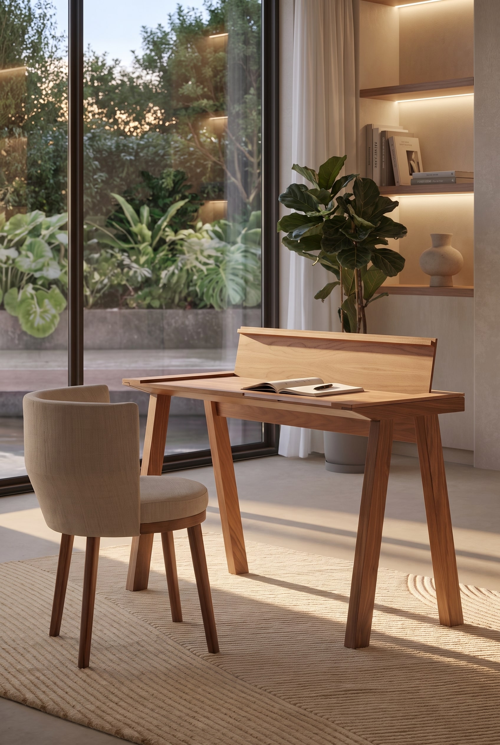 Eleganter Holz-Sekret&auml;r mit hochgeklapptem Aufsatz und einem gem&uuml;tlichen, beigen Polsterstuhl auf einem hellen Teppich