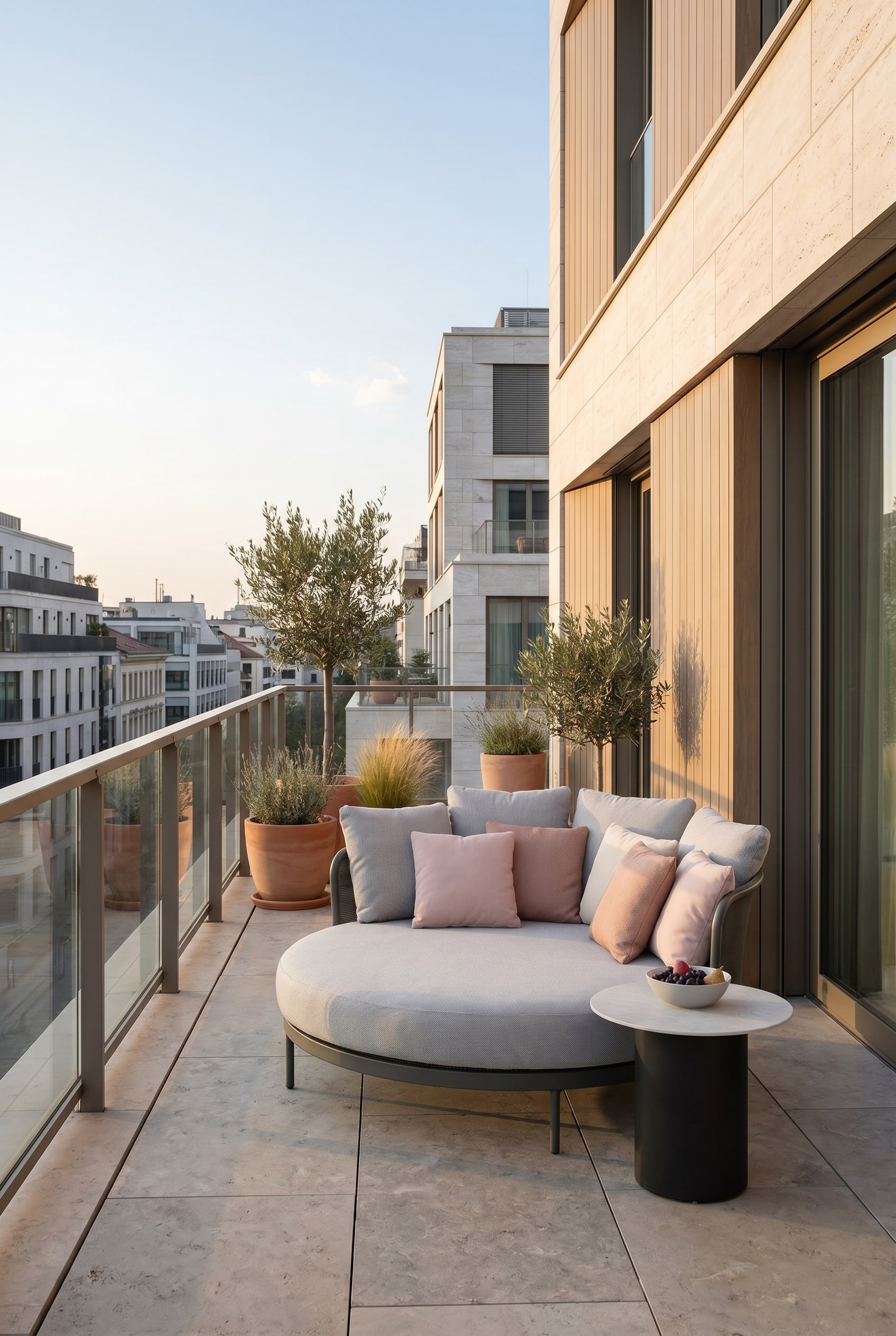 Großzügiger Stadtbalkon mit einem runden hellgrauen Outdoor-Daybed mit dicken Polstern, flankiert von einem niedrigen Beistelltisch