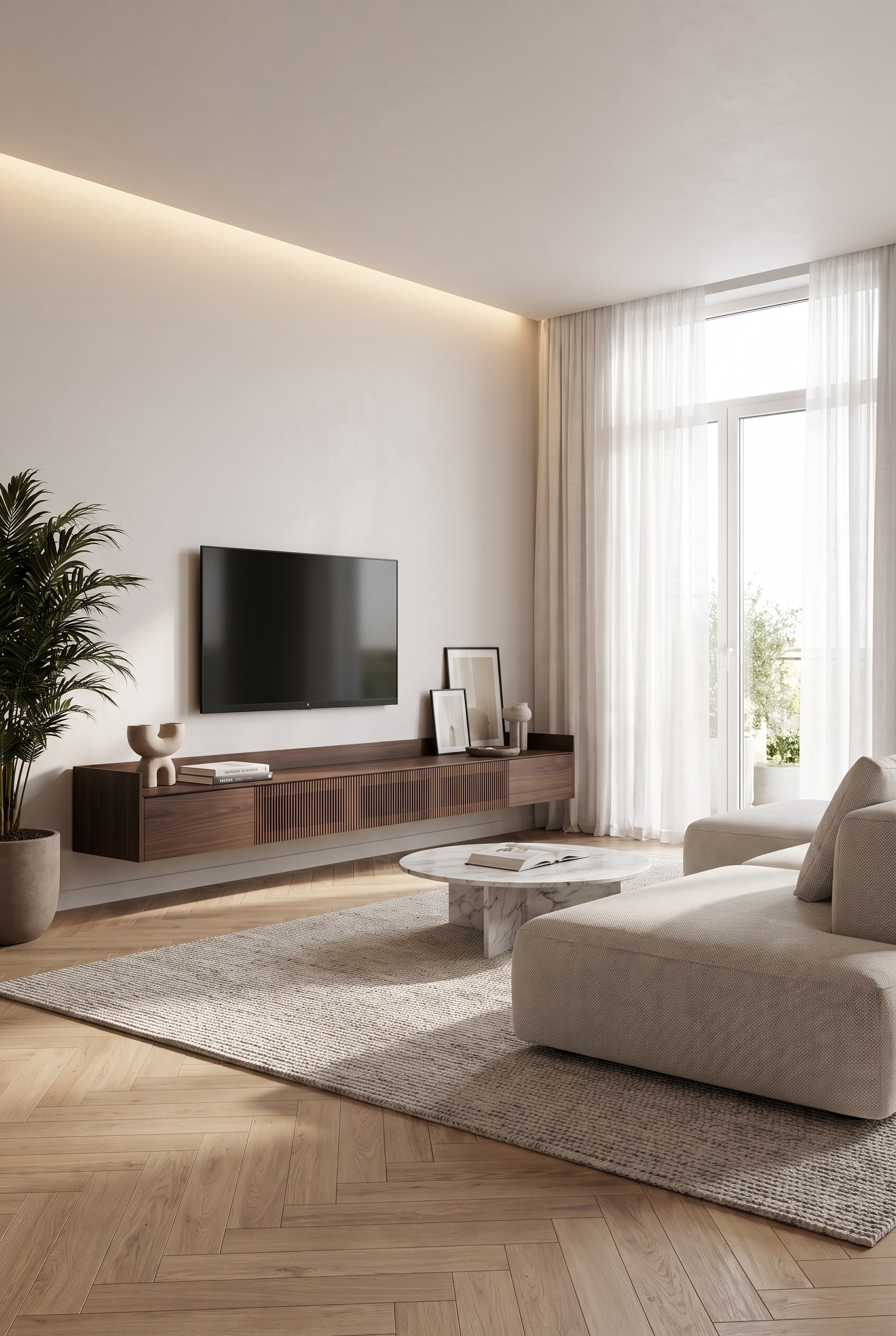Minimalistisches Wohnzimmer mit wandh&auml;ngendem Holz-Lowboard, grifflosen Fronten und dezenter LED-Hintergrundbeleuchtung.