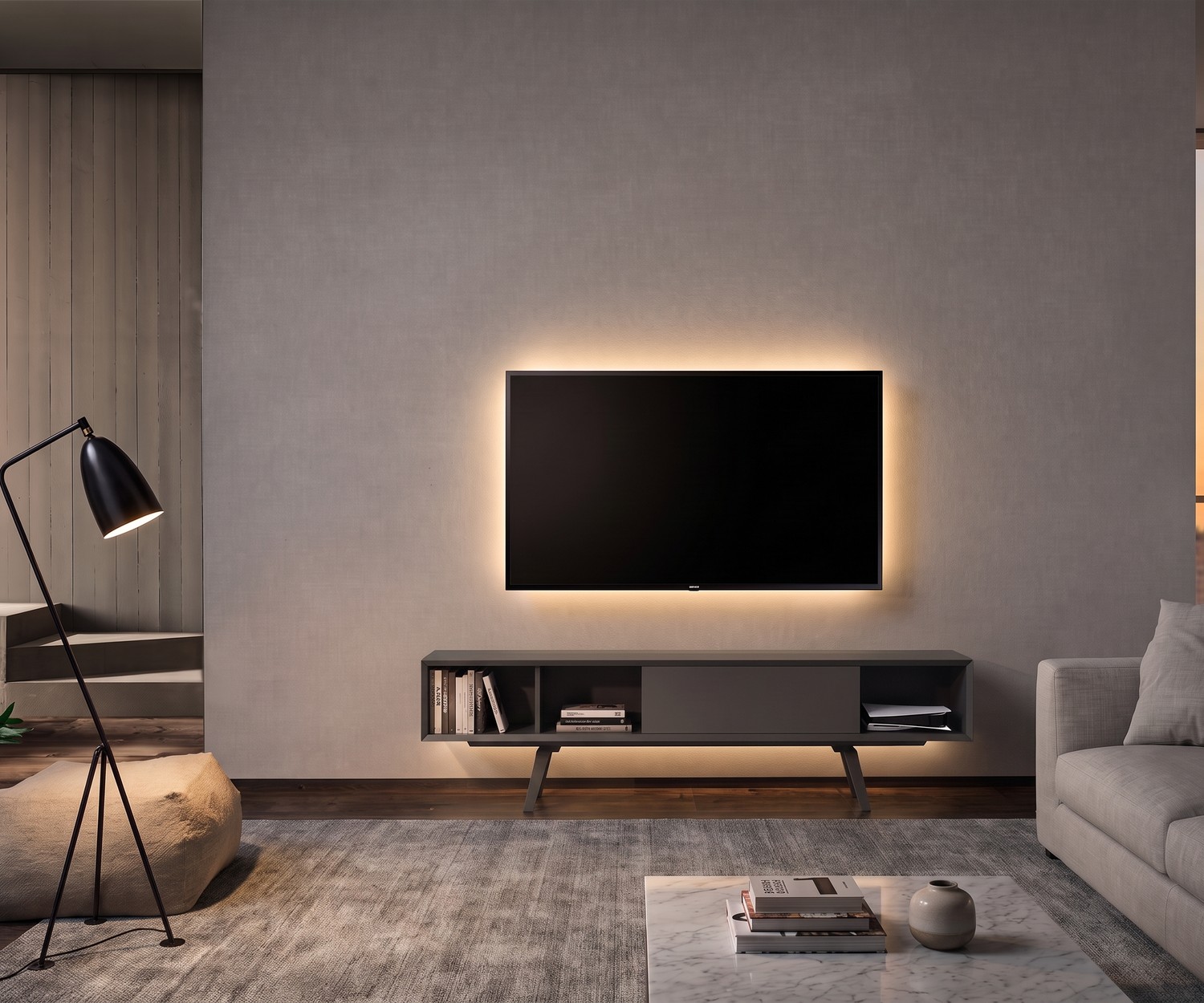 Modernes TV-Lowboard e-klipse 005 in Weiß TV Lowboard e-klipse 005 für das Wohnzimmer. Weißes Design-Fernsehmöbel vor Betonwand in moderner, heller Einrichtung.