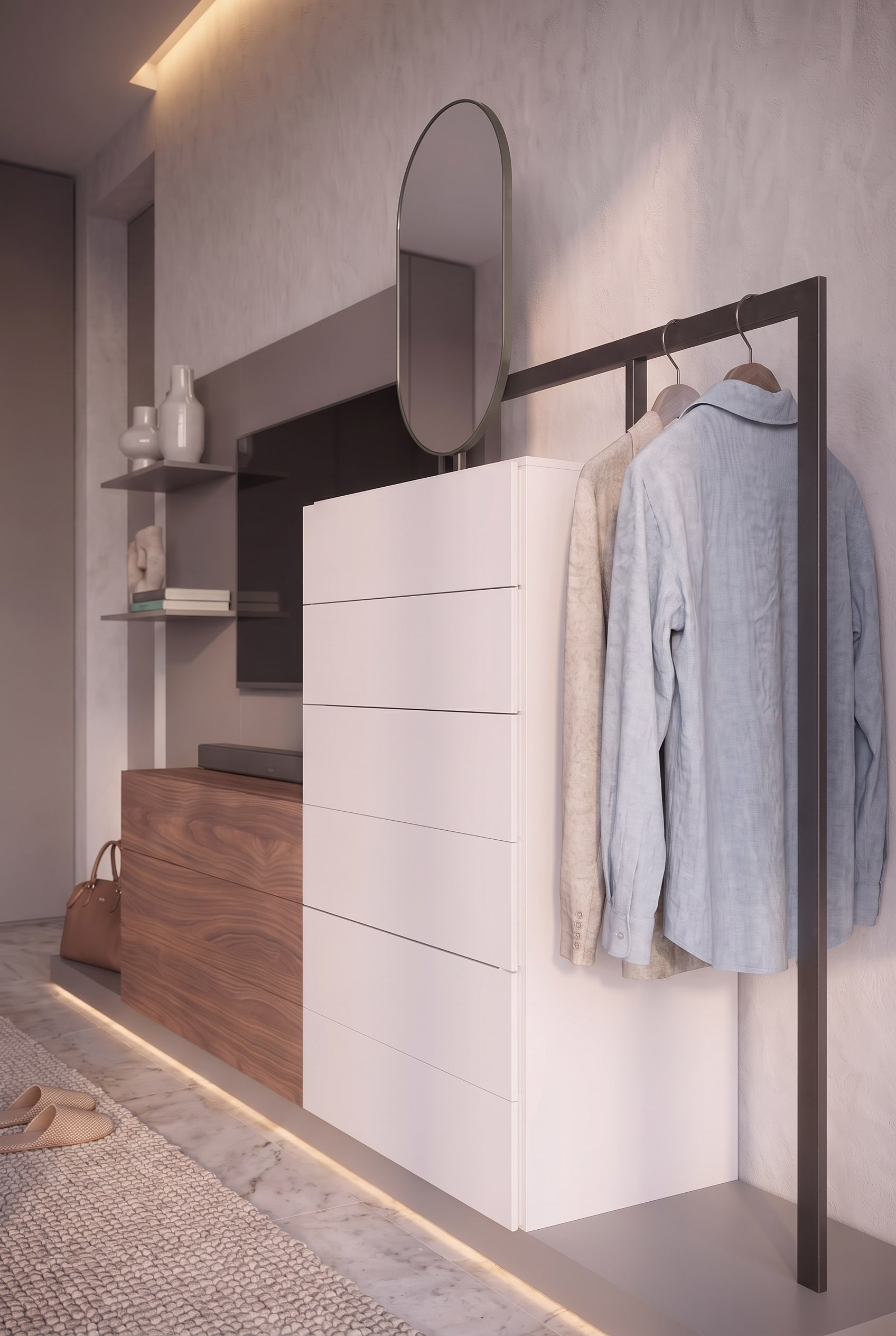 Seitliche Ansicht einer wei&szlig;en Hochkommode, eingefasst von einem dunklen Metallgestell f&uuml;r h&auml;ngende Kleidung.