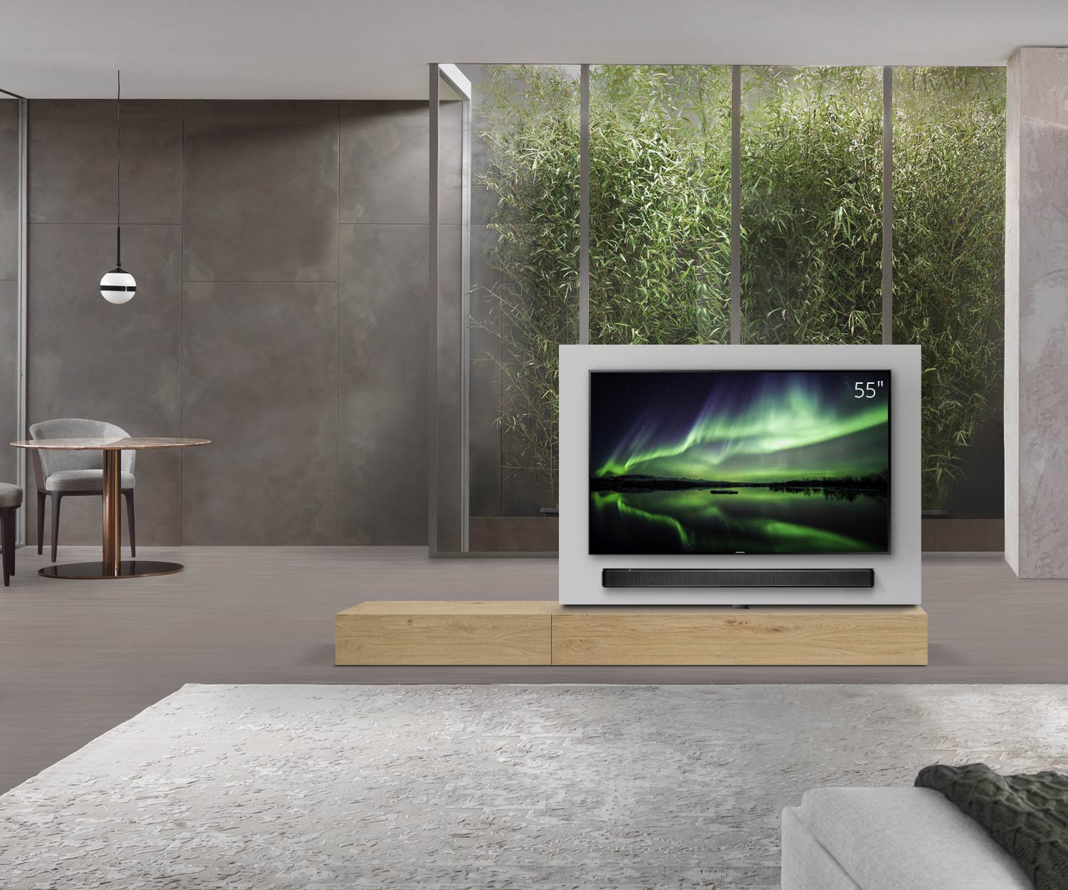 Livitalia Roto Design Lowboard Raumteiler mit drehbarem TV Paneel B150 65 H25 T47 EiHe B90li oBox