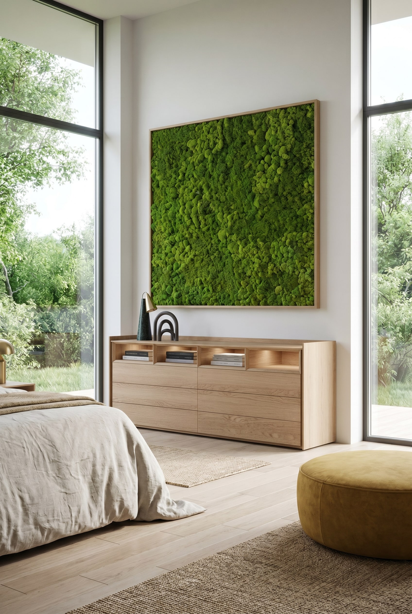 Schlafzimmer mit Eichenholz-Kommode mit offenen Fächern, darüber ein Moosbild und ein gelber Pouf