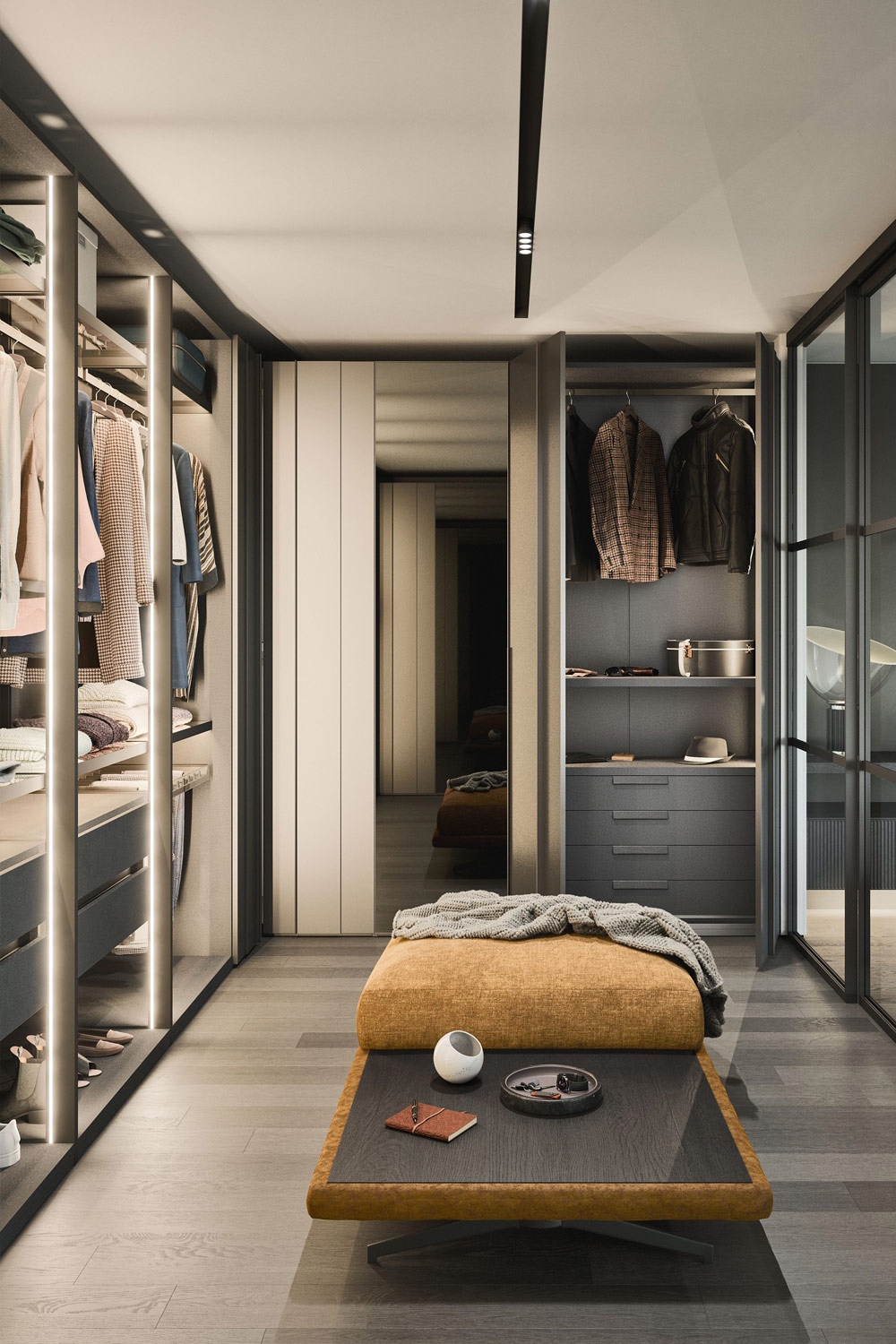 orangefarbenes-sitz-und-tischmoebel-zwischen-offenen-und-verglasten-kleiderschraenken-mit-grauen-oberflaechen